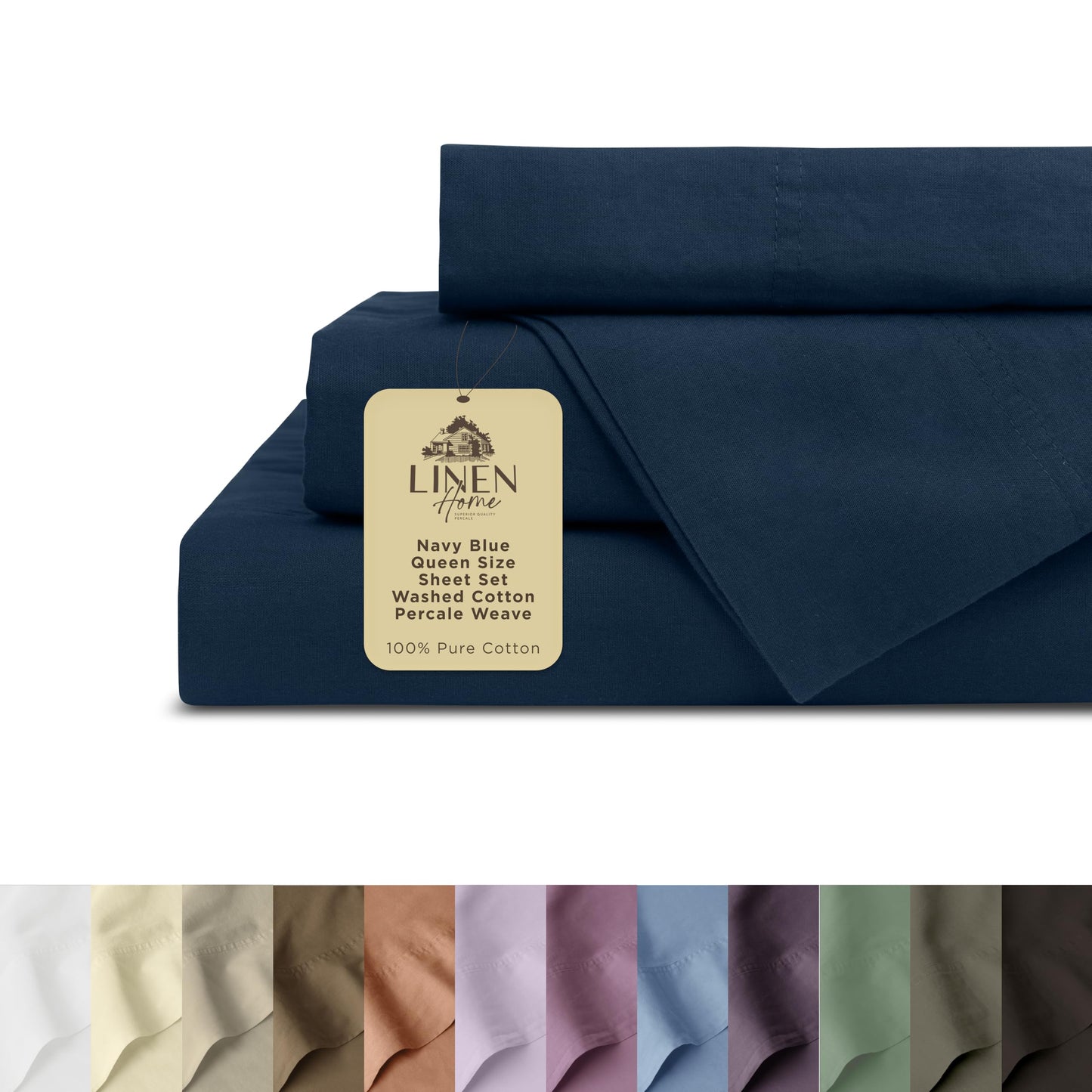 Linen Home Washed Cotton Percale Full Sheet Set, Baby Blue, Preshrunk, 4 Pieces Sets - 1 Flat, 1 Deep Pocket Fitted Sheet & 2 Envelope Closure Pillowcases, Soft, Cool and Comfortable Bed Linen