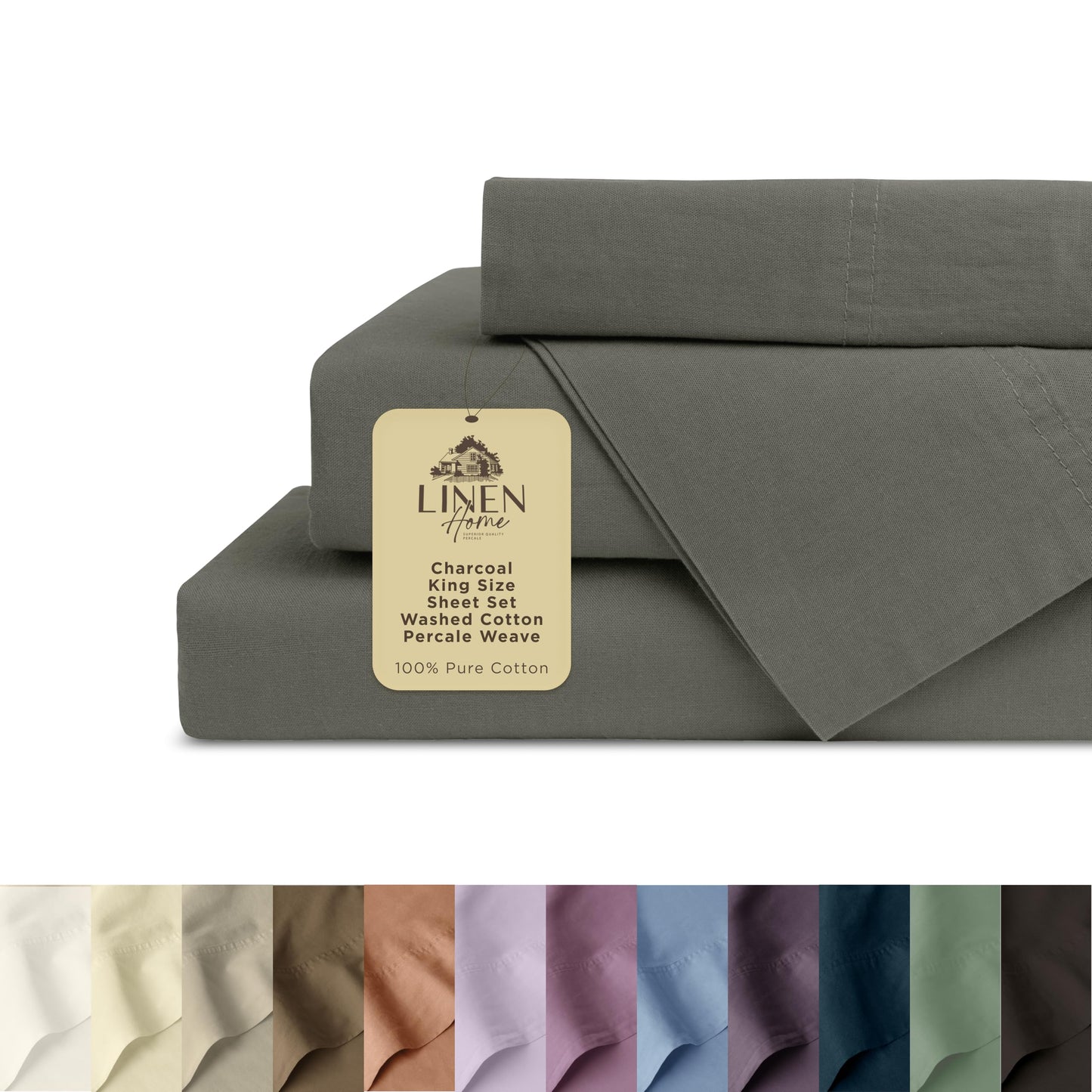 Linen Home Washed Cotton Percale Full Sheet Set, Baby Blue, Preshrunk, 4 Pieces Sets - 1 Flat, 1 Deep Pocket Fitted Sheet & 2 Envelope Closure Pillowcases, Soft, Cool and Comfortable Bed Linen