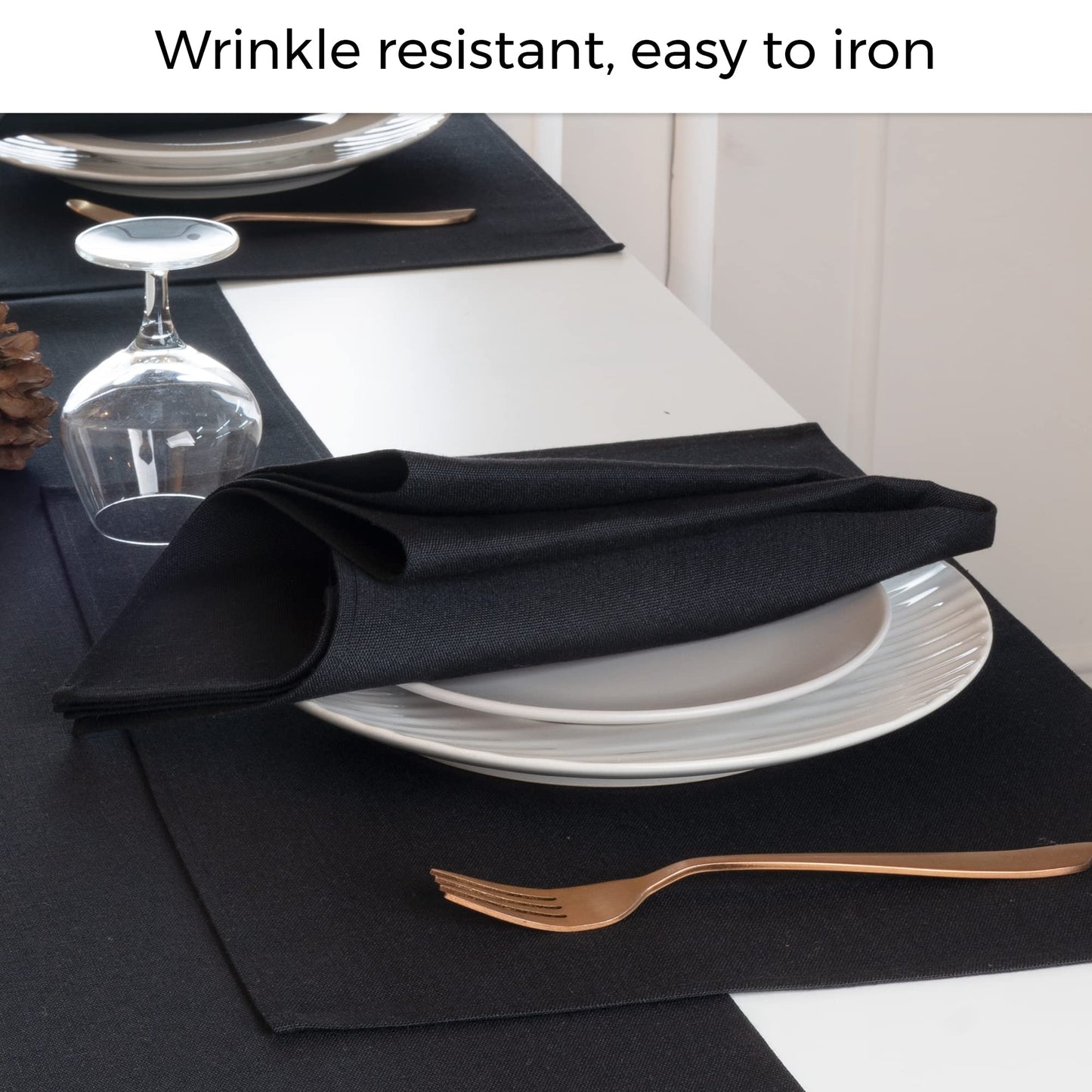 D'Moksha Homes Cloth Napkins 20 x 20 Inch Set of 4 - Premium Faux Linen Black Napkins - Wrinkle Resistant, Machine Washable Cloth - 100% Recycled Fabric Soft & Durable for Fall, Halloween