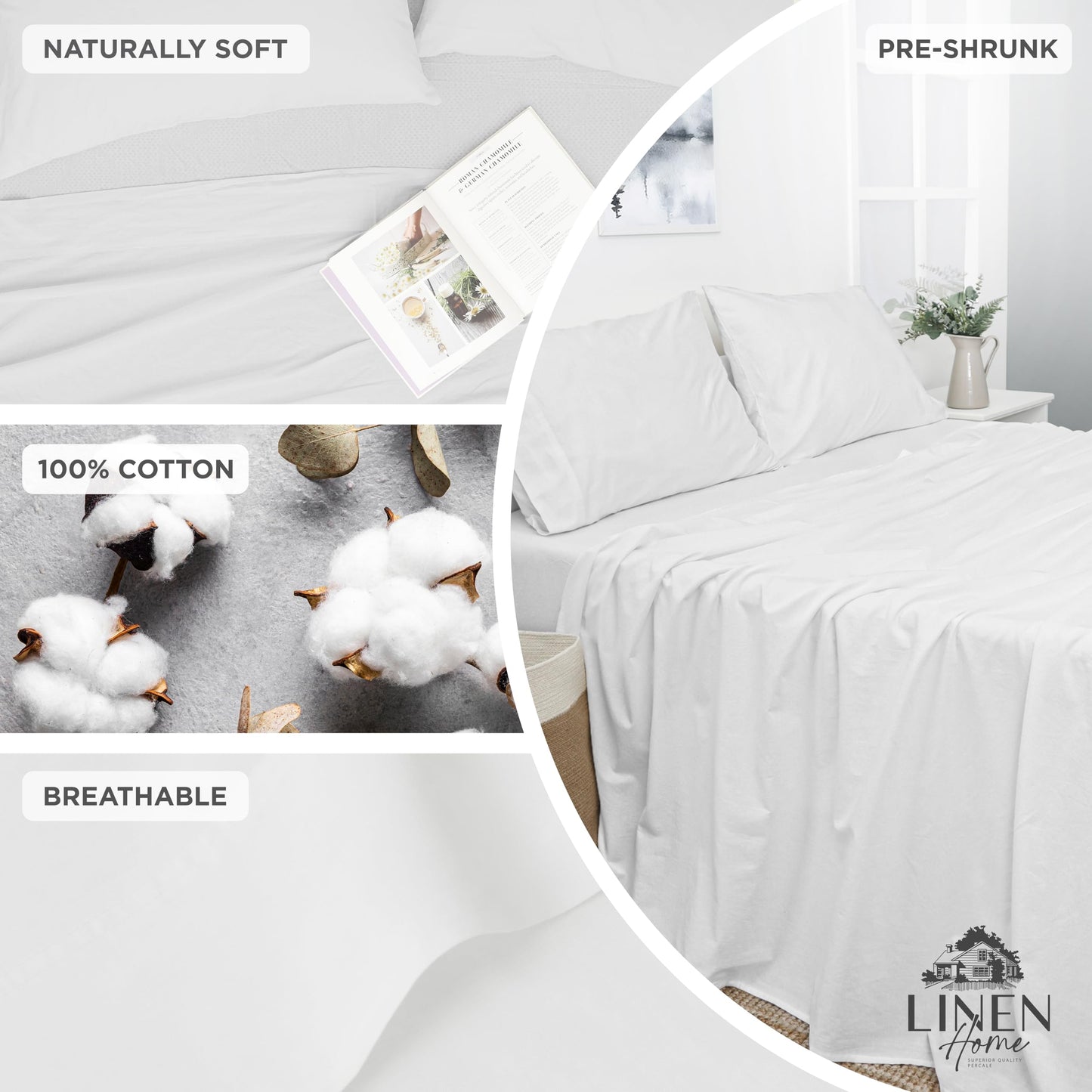 Linen Home Washed Cotton Percale Queen Sheet Set, Navy Blue, Preshrunk, 4 Pieces Sets - 1 Flat, 1 Deep Pocket Fitted Sheet & 2 Envelope Closure Pillowcases, Soft, Cool and Comfortable Bed Linen