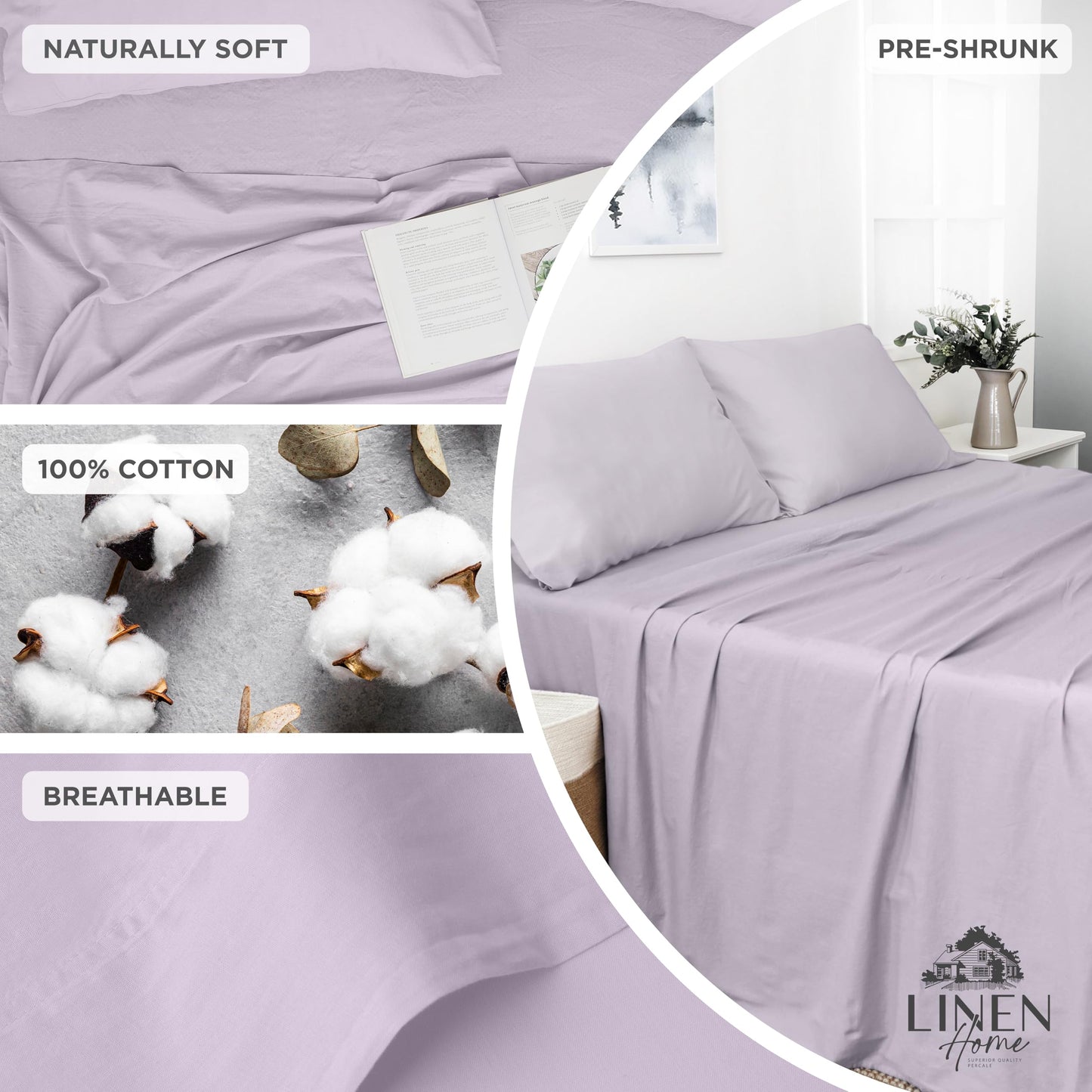 Linen Home Washed Cotton Percale Queen Sheet Set, Navy Blue, Preshrunk, 4 Pieces Sets - 1 Flat, 1 Deep Pocket Fitted Sheet & 2 Envelope Closure Pillowcases, Soft, Cool and Comfortable Bed Linen