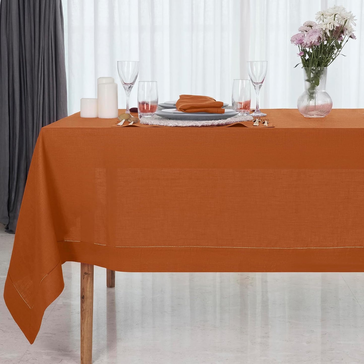 D'Moksha Homes Black Linen Tablecloth for Rectangle Tables 60 x 90 Inch - 100% Pure Linen Black Table Cloth - Classic Hemstitch, Machine Washable Tablecloth for Summer, Fall and Halloween