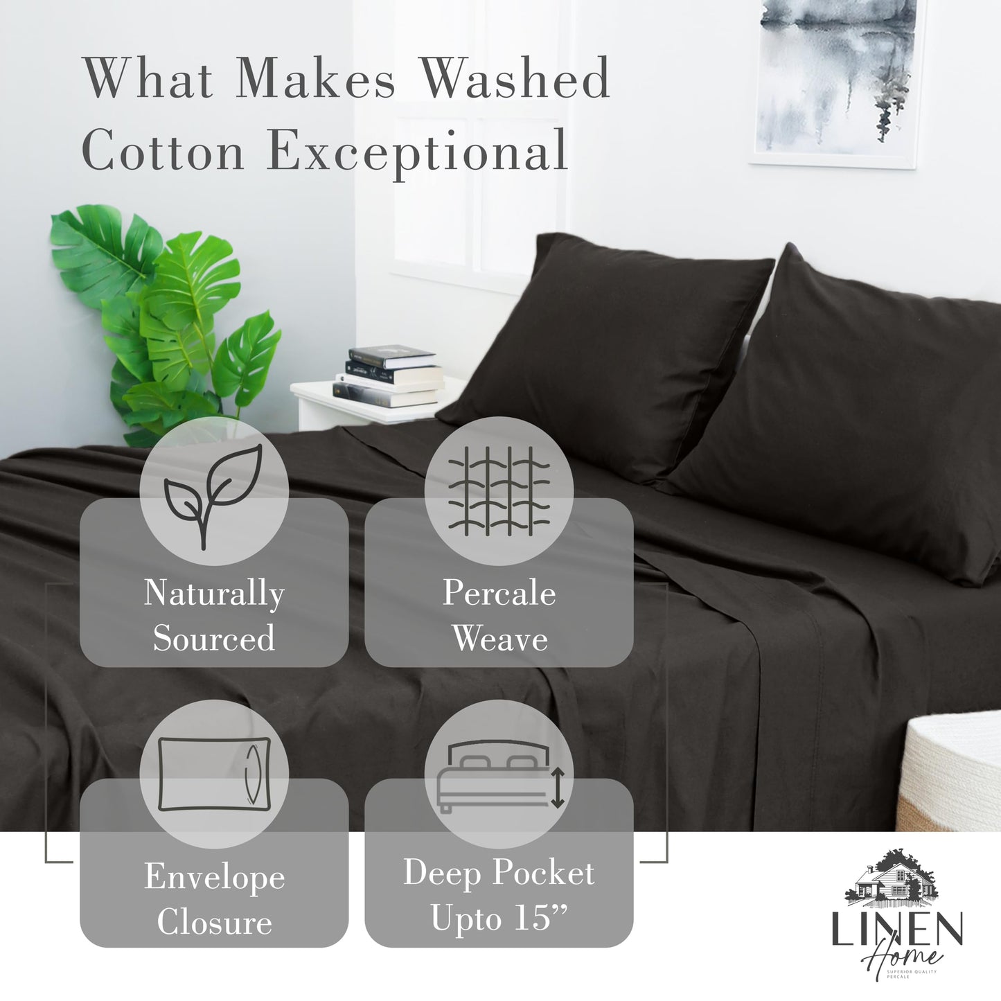 Linen Home Washed Cotton Percale Queen Sheet Set, Navy Blue, Preshrunk, 4 Pieces Sets - 1 Flat, 1 Deep Pocket Fitted Sheet & 2 Envelope Closure Pillowcases, Soft, Cool and Comfortable Bed Linen