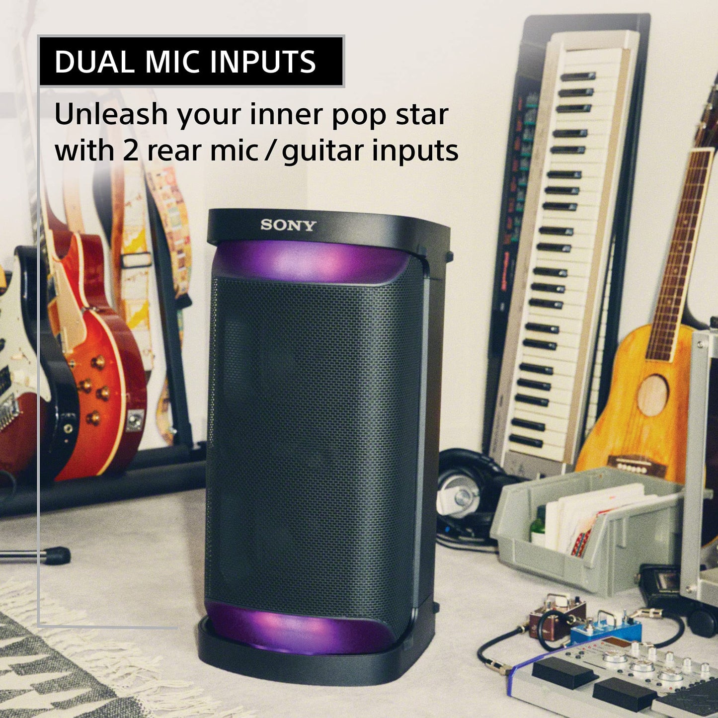 Sony SRS-XP500 Portable Wireless Bluetooth Party Speaker (Karaoke/Guitar Input, IPX4 Splashproof Protection,20hrs Battery,Ambient Light,USB Play & Charge,Quick Charge, Power bank)