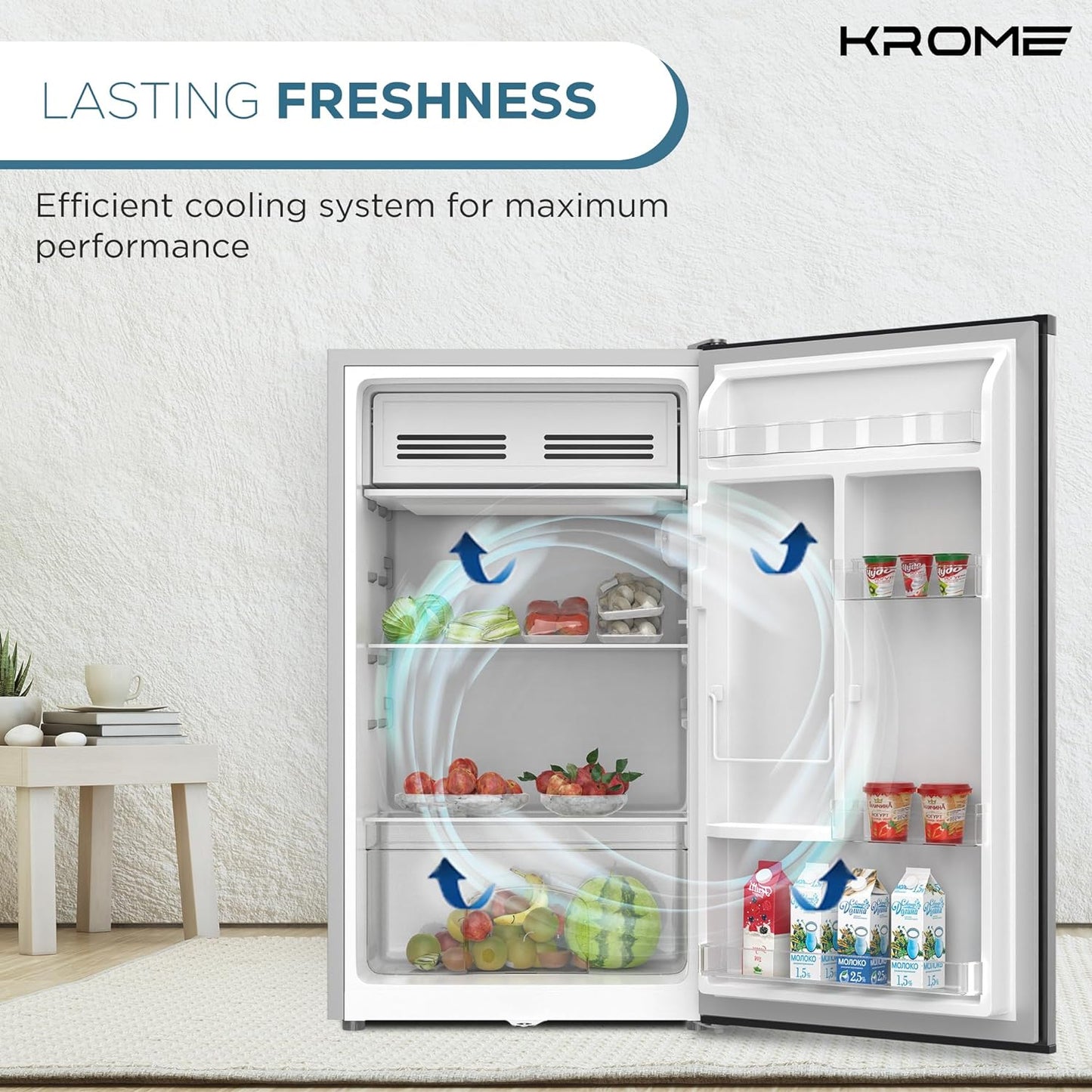 KROME 60L Gross, Single Door Compact Refrigerator, Energy Class A+, Reversible Door, Mini Fridge Suitable for Kitchen, Bedroom Office & Minibar, INOX Color, 5 Year Compressor Warranty- KR-RDC60H