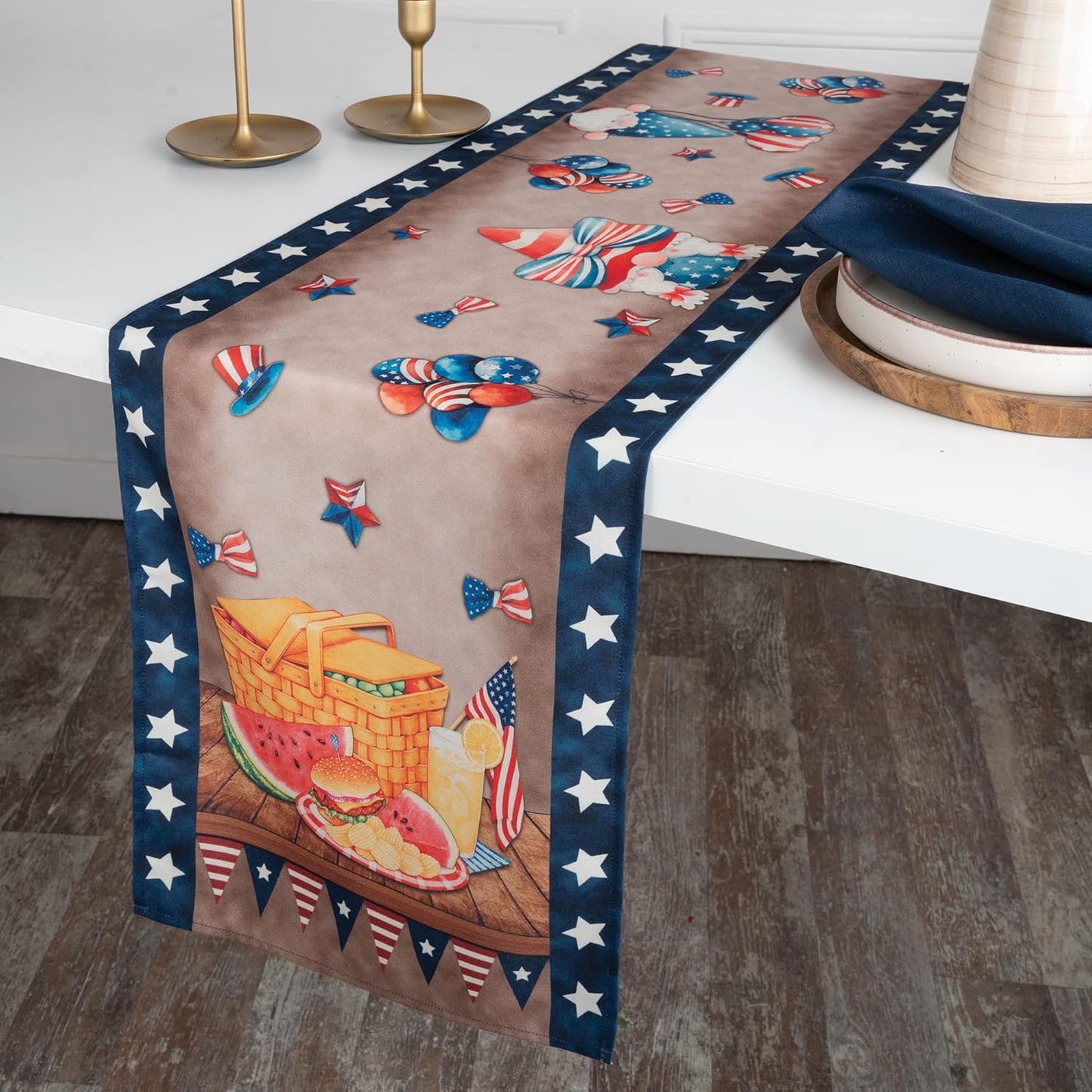 D'Moksha Homes 4th of July Table Runner 90 inches Long - Picnic Basket, Faux Linen, Fourth of July Table Runner 13 x 90 Inch, Memorial Day Decorations, Independence Day Table Runner for Home Party