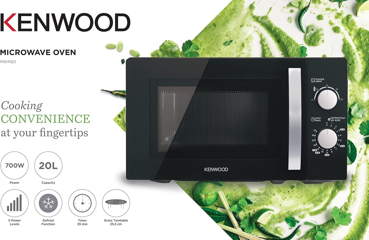 KENWOOD 20L Microwave Oven with 5 Power Levels, Defrost Function, 35 Minutes Timer 700W MWM20.000WH White