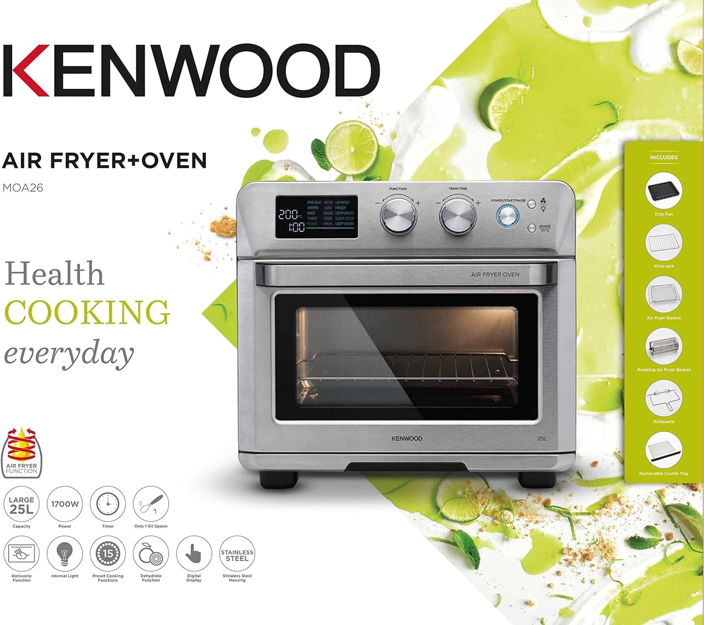 Kenwood 2-in-1 25L Toaster Oven+Air Fryer - Oven Toaster Grill with Large Capacity, Rotisserie Function for Frying, Roasting, Grilling, Broiling, Baking, Browning, Defrosting,Heating MOA25.600BK Black