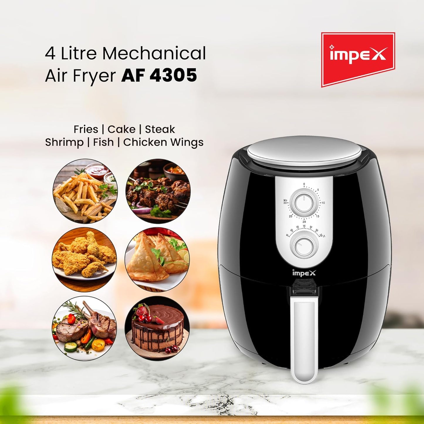 Impex 2.5 Ltr Air Fryer - Ideal for Meat, Fish, Vegetables, French Fries, Temperature Control 80°C-200°C, Timer 30 Mins with 2 Year Warranty-Black (AF 4302)