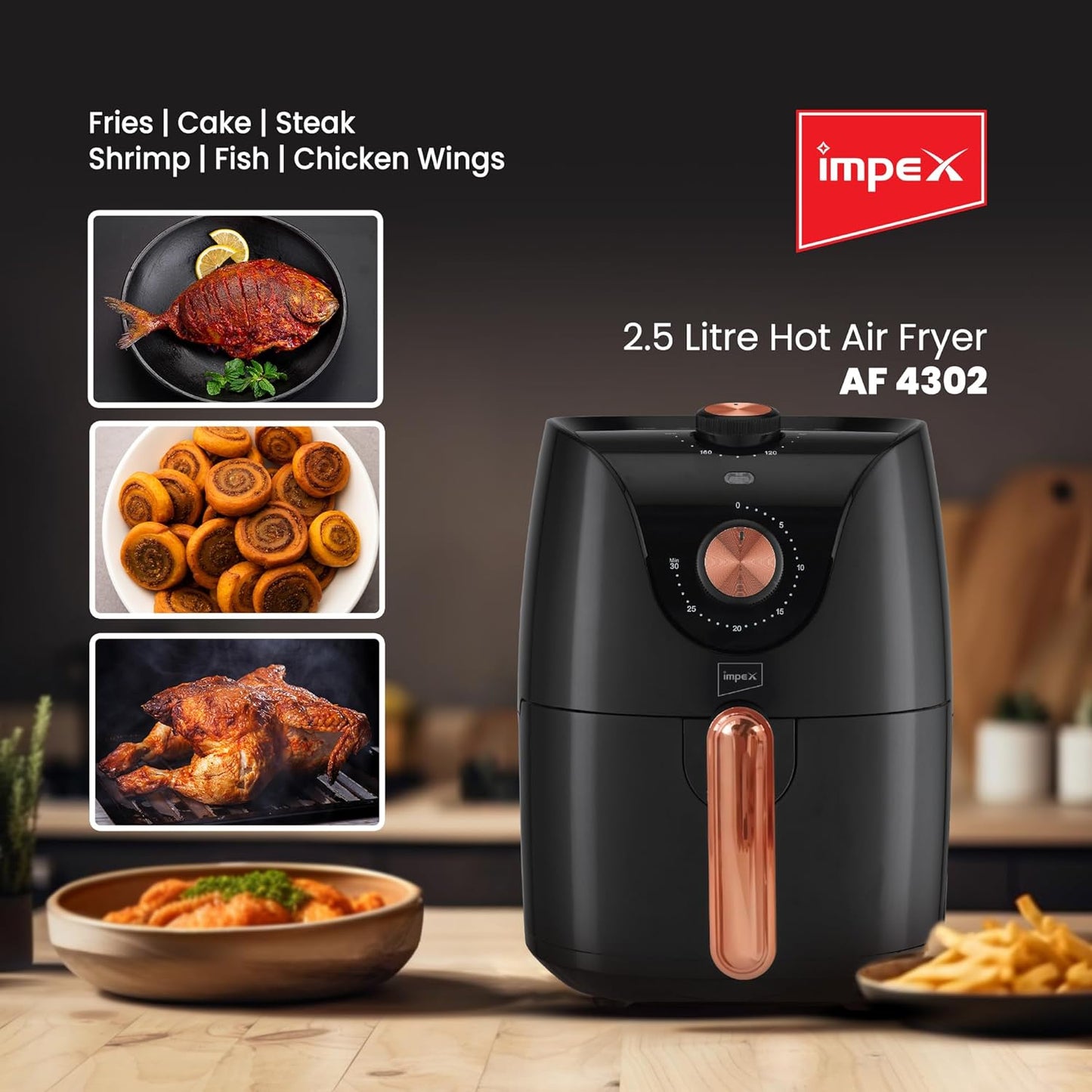 Impex 2.5 Ltr Air Fryer - Ideal for Meat, Fish, Vegetables, French Fries, Temperature Control 80°C-200°C, Timer 30 Mins with 2 Year Warranty-Black (AF 4302)