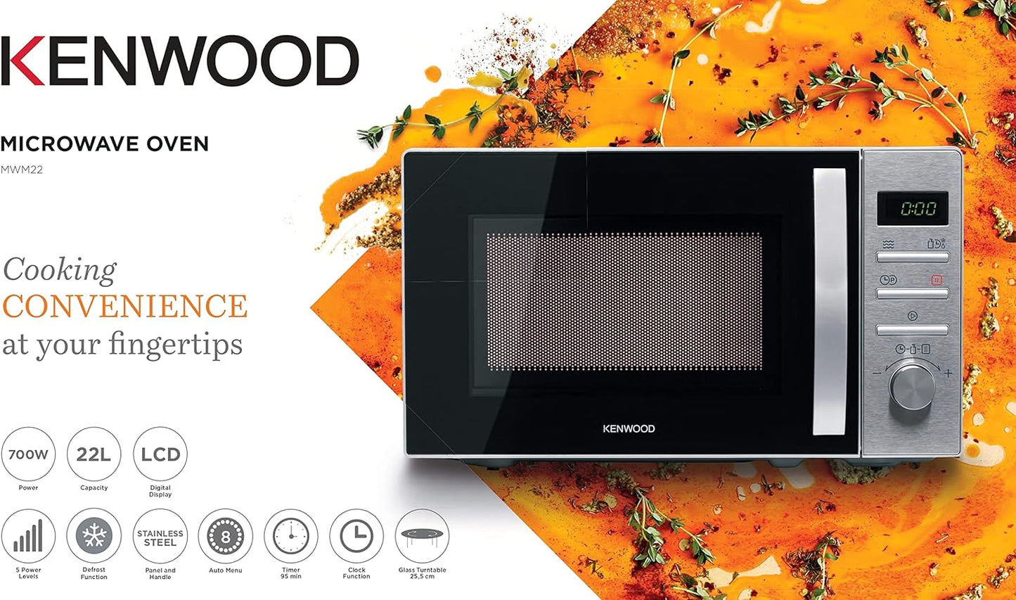 KENWOOD 25L Microwave Oven with Grill, Digital Display, 5 Power Levels, Defrost Function, Stainless Steel, Auto Menu, 95 Minutes Timer, Clock Function 800W MWM25.000BK Black/Silver