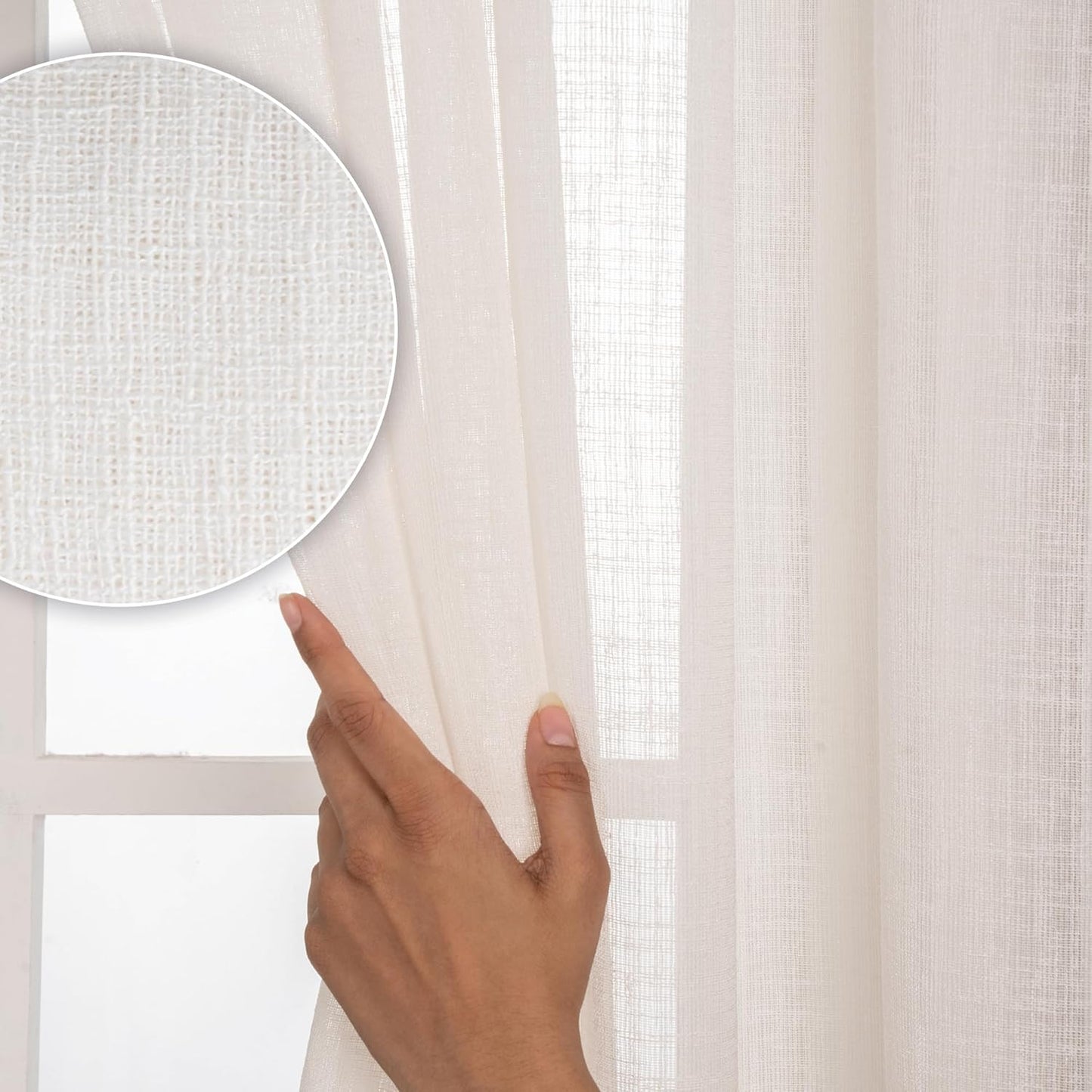 D'Moksha Homes White and Grey Faux Linen Curtains 63 Inches Long - 52 x 63 Inch 2 Panels Light Filtering Rod Pocket Sheer Curtains - Recycled Fabric Faux Jute - Window Treatment for Living Room