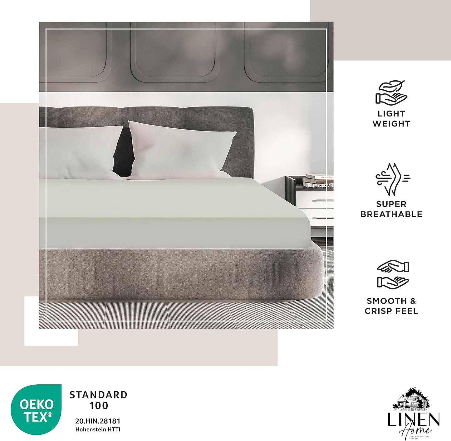 Linen Home 100% Cotton Percale Fitted Sheet Set King Size, Ivory, Deep Pocket, 3 Piece - 1 Deep Pocket Fitted Sheet and 2 Pillowcases, Crisp Cool and Strong Bed Linen