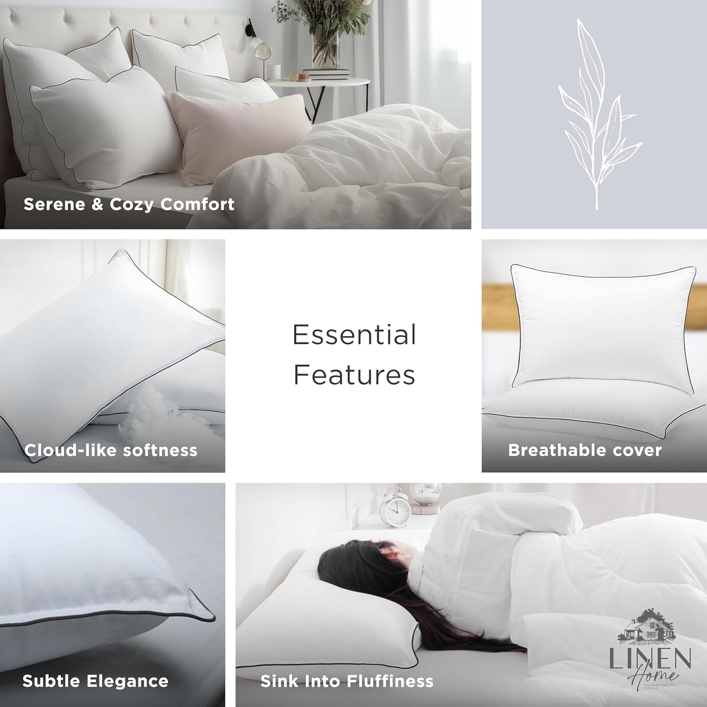 Linen Home Down Alternative Pillows with Grey Piping, Queen Size Pillows Set of 2, Bed Pillows for Side and Back Sleepers, Cooling Pillows for Sleeping, Ideal for Pillowcases Size - 19 X 26 inches