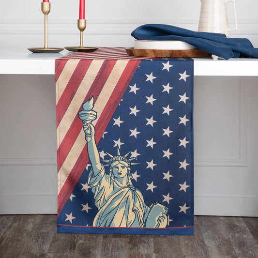 D'Moksha Homes 4th of July Table Runner 36 inches Long - Statue of Liberty, Faux Linen, Fourth of July Table Runner 13 x 36 Inch, Americana Flag Table Runner, Memorial Day Table Runner for Home Party