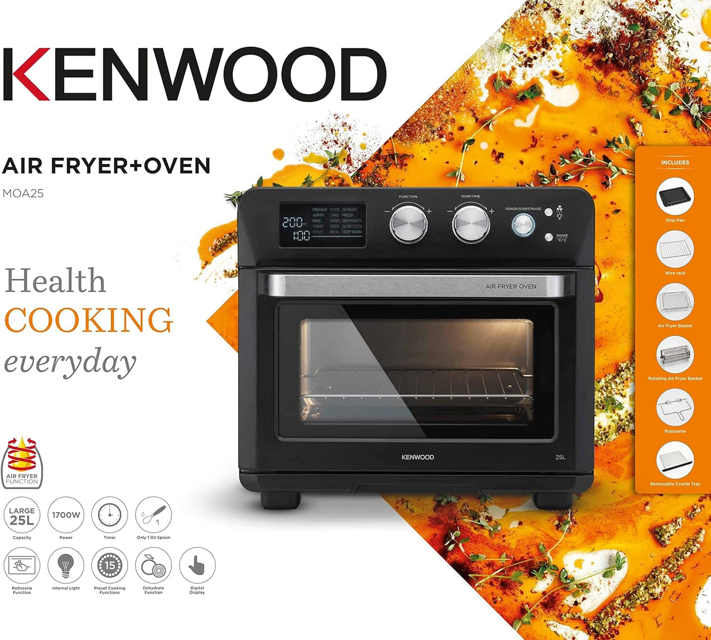 Kenwood 2-in-1 25L Toaster Oven+Air Fryer - Oven Toaster Grill with Large Capacity, Rotisserie Function for Frying, Roasting, Grilling, Broiling, Baking, Browning, Defrosting,Heating MOA25.600BK Black