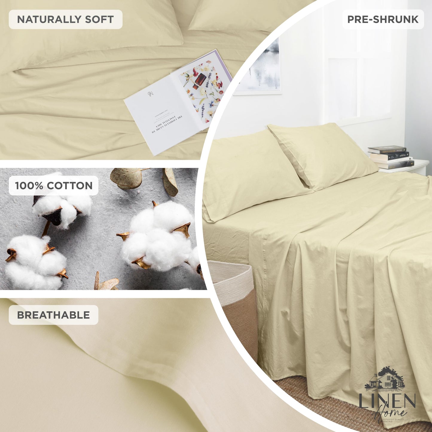 Linen Home Washed Cotton Percale Full Sheet Set, Sage, Preshrunk, 4 Pieces Sets - 1 Flat, 1 Deep Pocket Fitted Sheet & 2 Envelope Closure Pillowcases, Soft, Cool and Comfortable Bed Linen