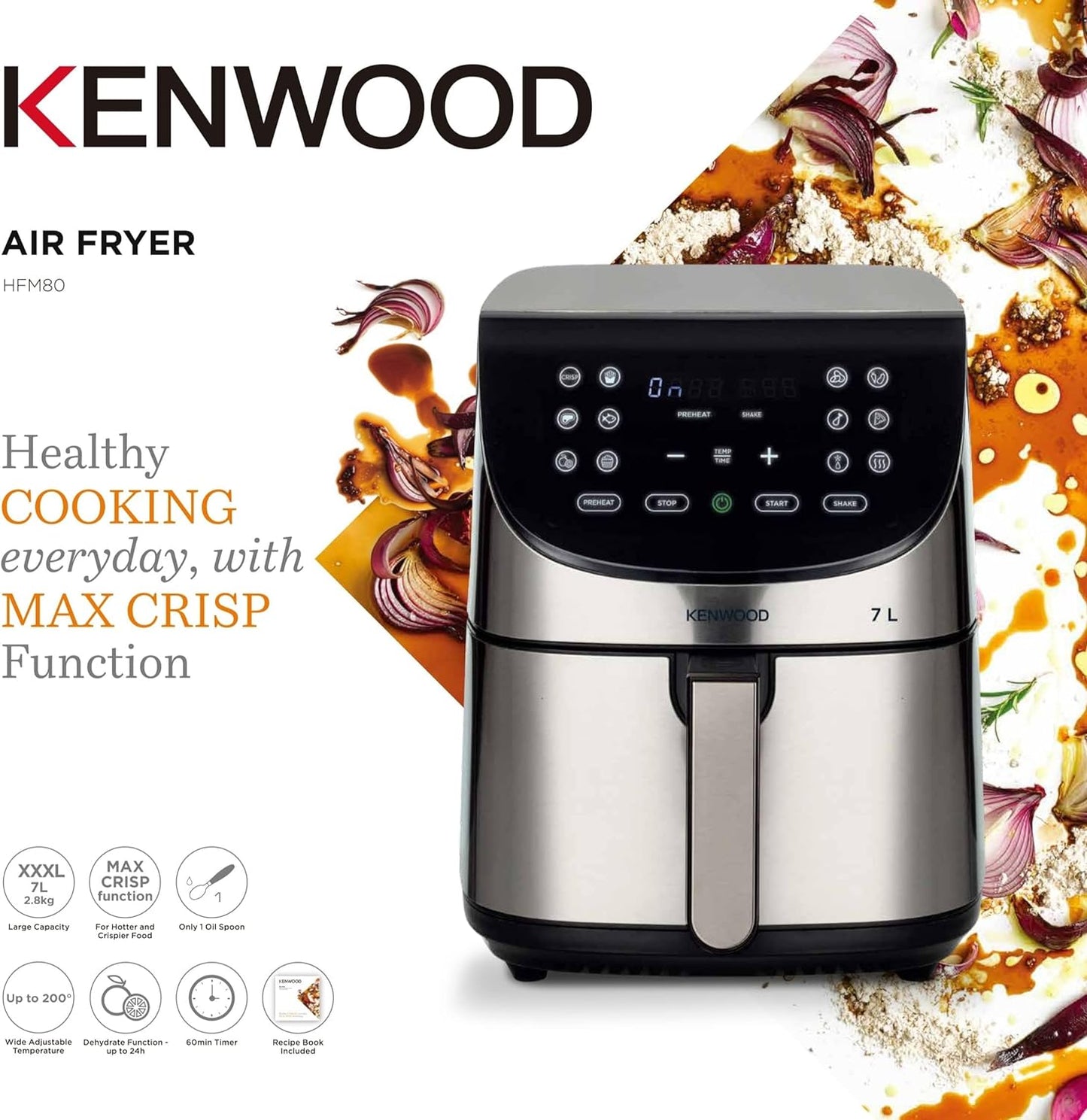 Kenwood Digital Air Fryer XXL 5.5L 2.4KG 1800W with Rapid Hot Air Circulation for Frying, Grilling, Broiling, Roasting, Baking and Toasting HFP50.000WH, White