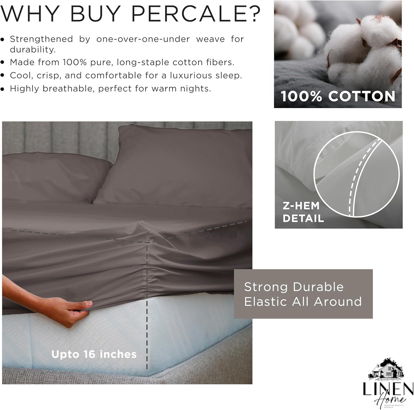 Linen Home 100% Cotton Percale Fitted Sheet Set King Size, Ivory, Deep Pocket, 3 Piece - 1 Deep Pocket Fitted Sheet and 2 Pillowcases, Crisp Cool and Strong Bed Linen