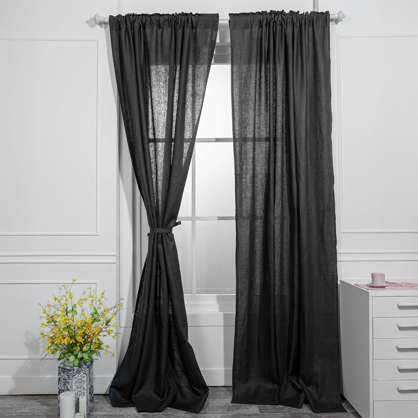 D'Moksha Homes Charcoal Grey Linen Curtain 52 x 96 Inch - Light Filtering Rod Pocket Curtain 96 Inch 1 Panel - 100% Pure Linen European Flax Window Treatment Panel for Living Room, Bedroom