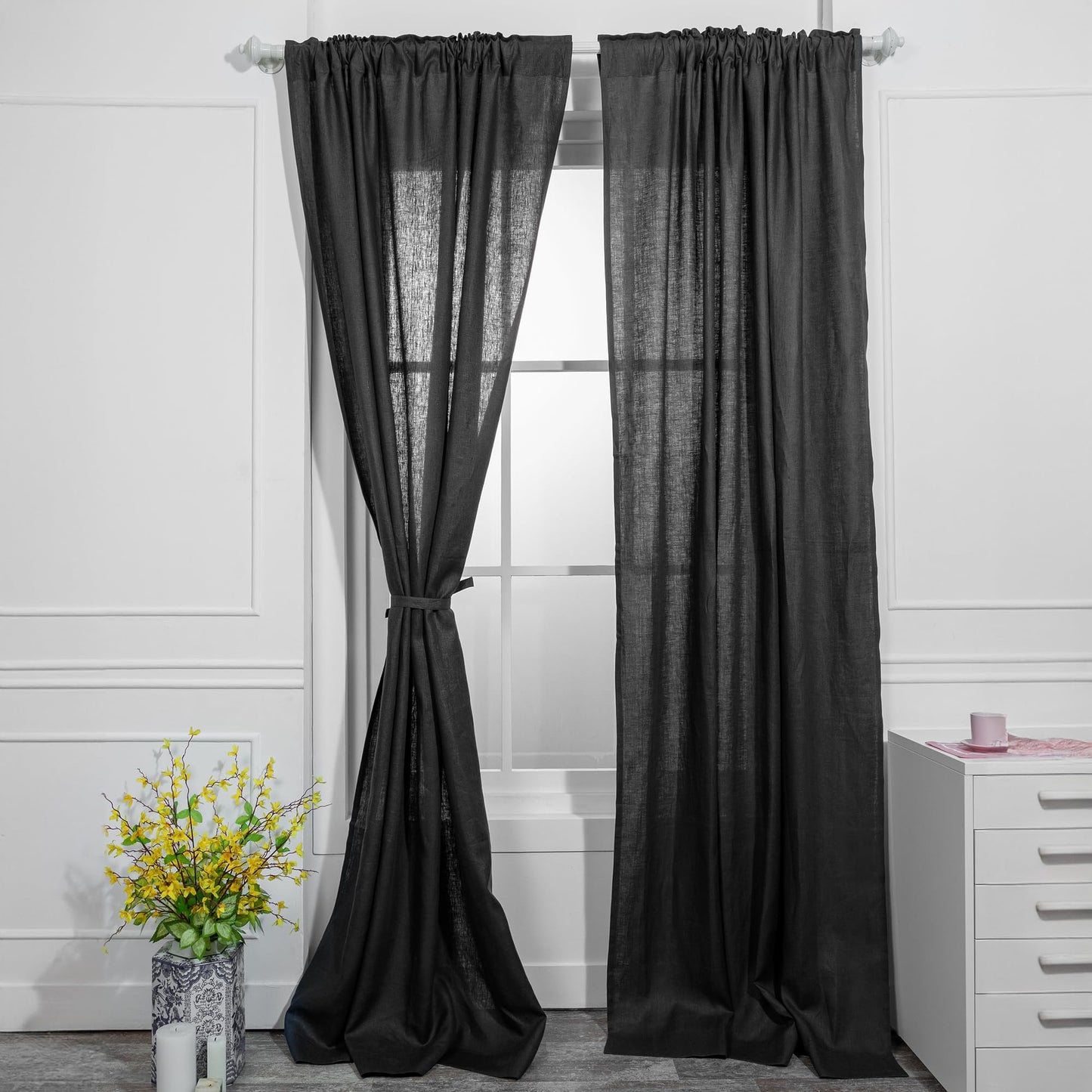 D'Moksha Homes Black Linen Curtain 84 Inch - Light Filtering Rod Pocket Curtain 52 x 84 Inch 1 Panel - 100% Pure Linen European Flax Window Treatment for Living Room, Bedroom