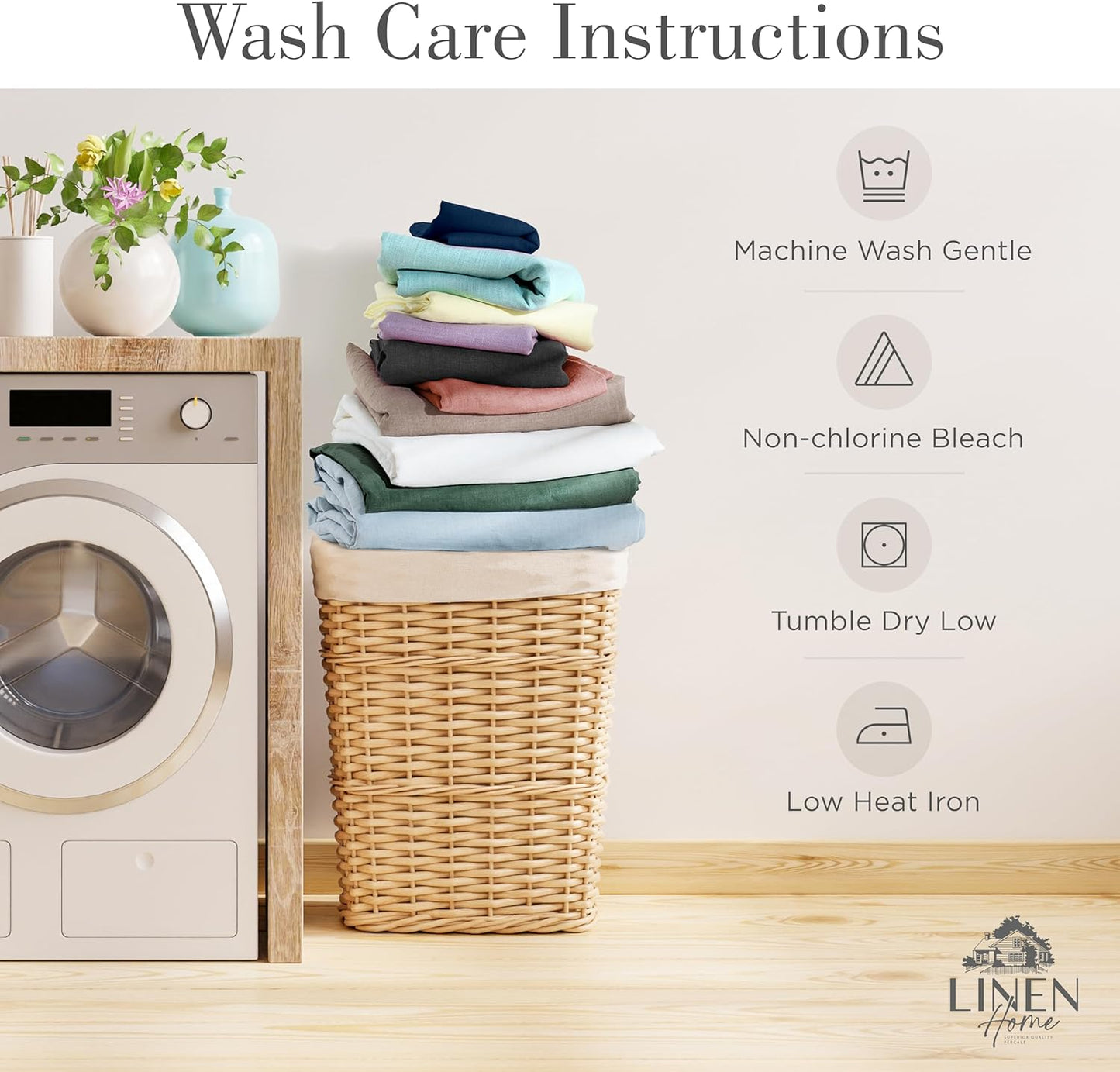 Linen Home Washed Cotton Percale Queen Sheet Set, Baby Blue, Preshrunk, 4 Pieces Sets - 1 Flat, 1 Deep Pocket Fitted Sheet & 2 Envelope Closure Pillowcases, Soft, Cool and Comfortable Bed Linen