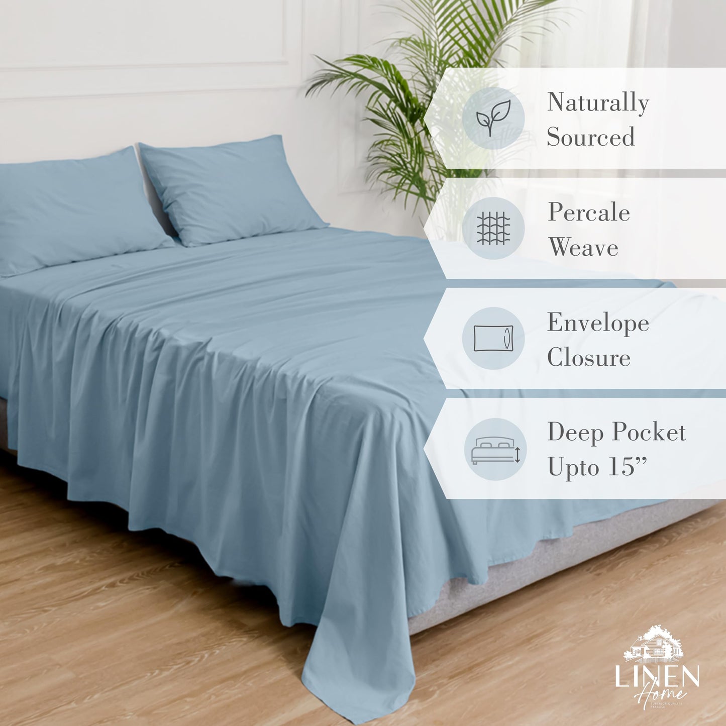 Linen Home Washed Cotton Percale Full Sheet Set, Sage, Preshrunk, 4 Pieces Sets - 1 Flat, 1 Deep Pocket Fitted Sheet & 2 Envelope Closure Pillowcases, Soft, Cool and Comfortable Bed Linen