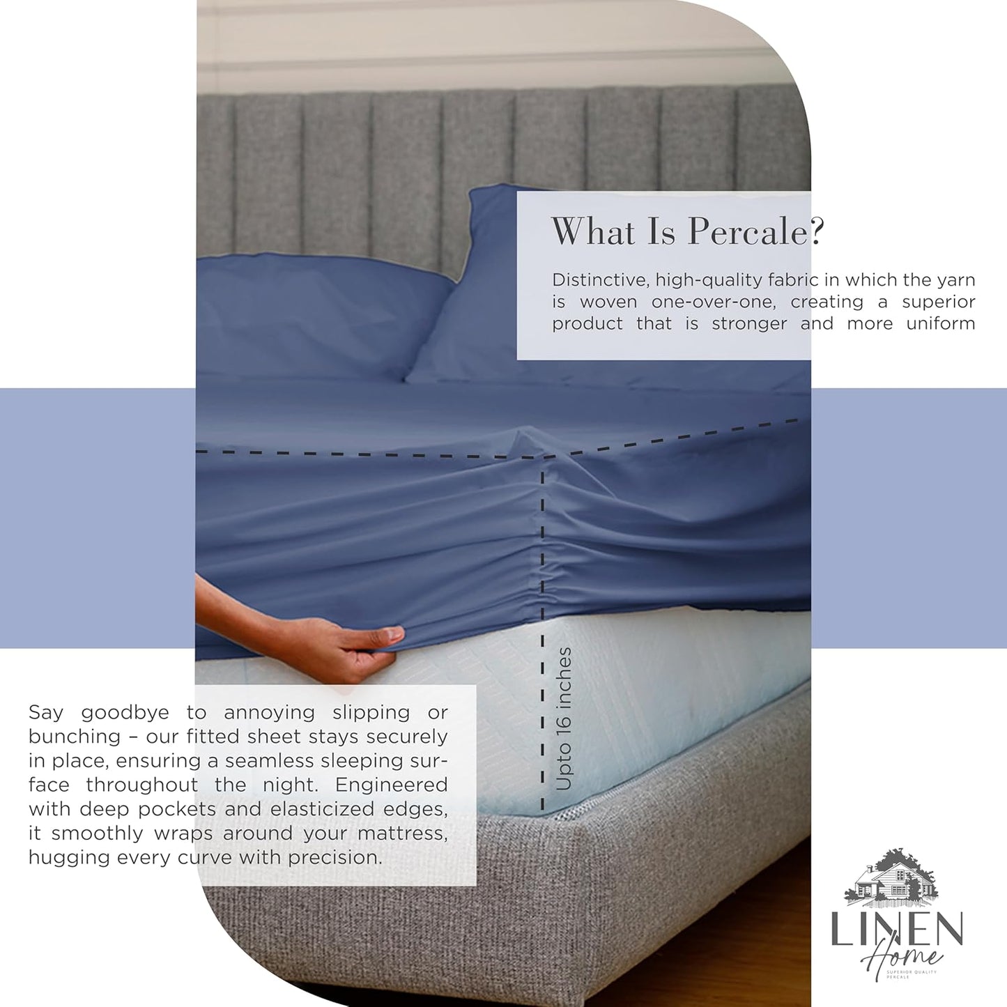 Linen Home 100% Cotton Percale Sheets Twin Size, Dark Blue, Deep Pocket, 3 Pieces Set - 1 Flat, 1 Deep Pocket Fitted Sheet and 1 Pillowcase, Crisp Cool and Strong Bed Linen