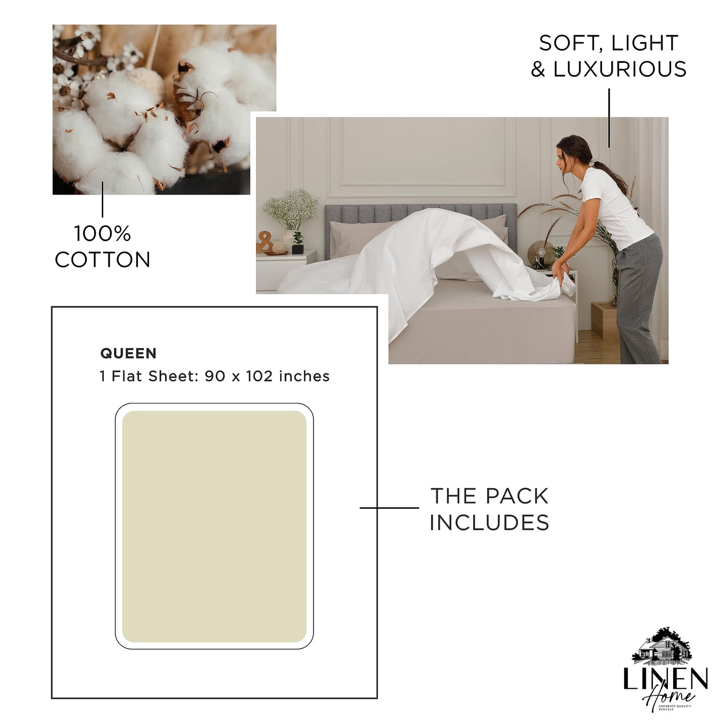 Linen Home 100% Cotton Percale 1 Flat Sheet, Queen Size - Crisp, Cool and Strong Bed Linen, Luxury Breathable Sheet, Baby Blue