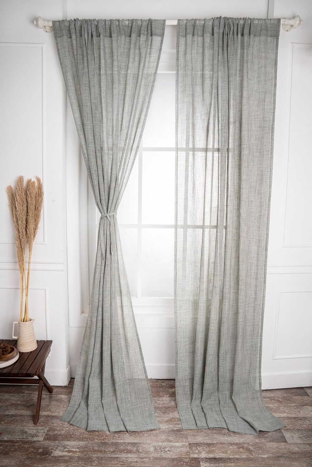 D'Moksha Homes White and Grey Faux Linen Curtains 63 Inches Long - 52 x 63 Inch 2 Panels Light Filtering Rod Pocket Sheer Curtains - Recycled Fabric Faux Jute - Window Treatment for Living Room