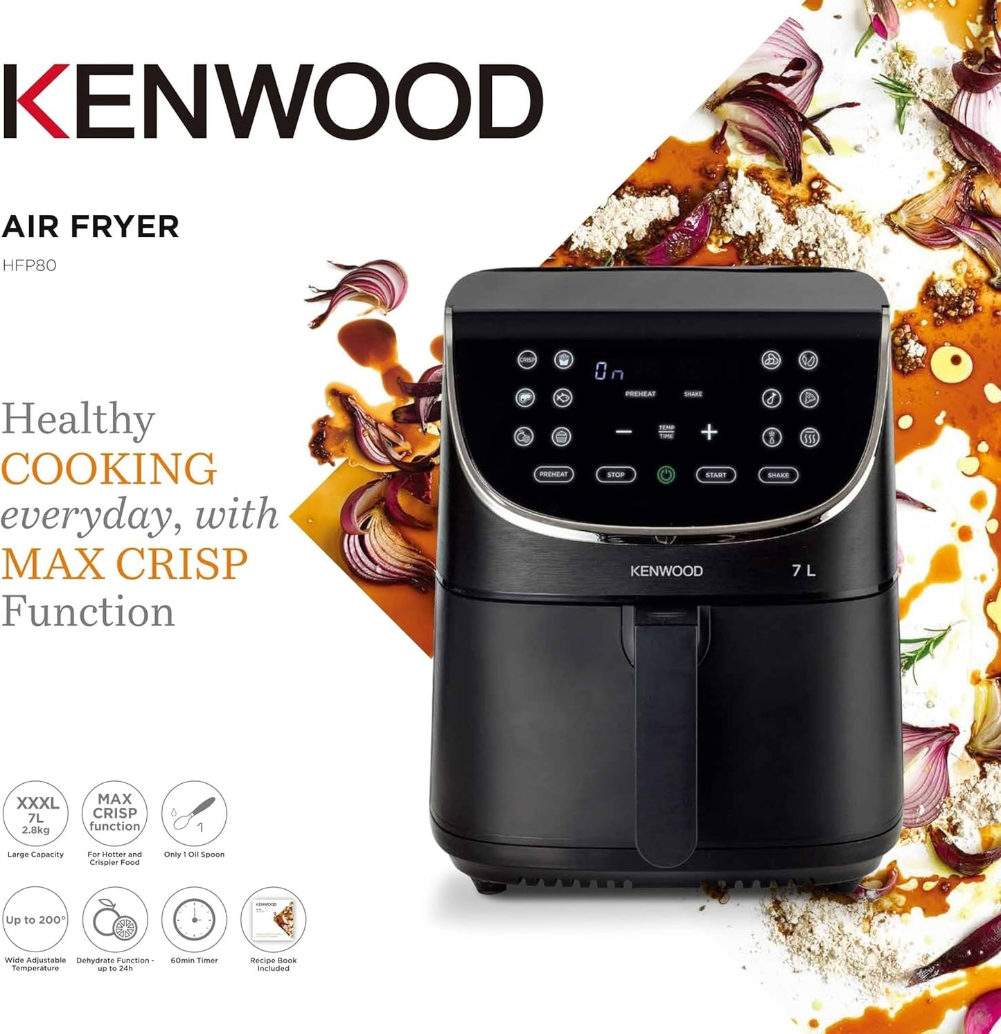 Kenwood Digital Air Fryer XXL 5.5L 2.4KG 1800W with Rapid Hot Air Circulation for Frying, Grilling, Broiling, Roasting, Baking and Toasting HFP50.000WH, White