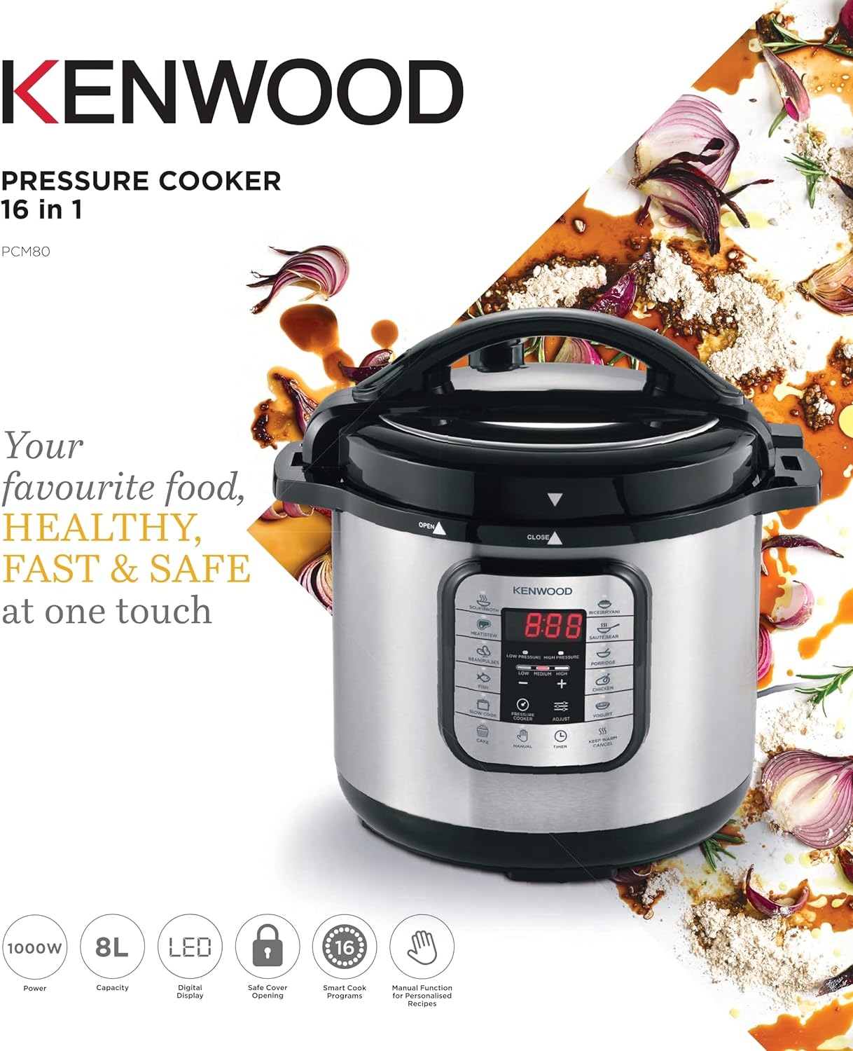 Kenwood 16 In 1 Electric Pressure Cooker 8L 1000W Multifunctional Programmable Multicooker With Safety Feature, Smart Cook Programs, Pcm80 Silver/Black, Pcm80.000Ss