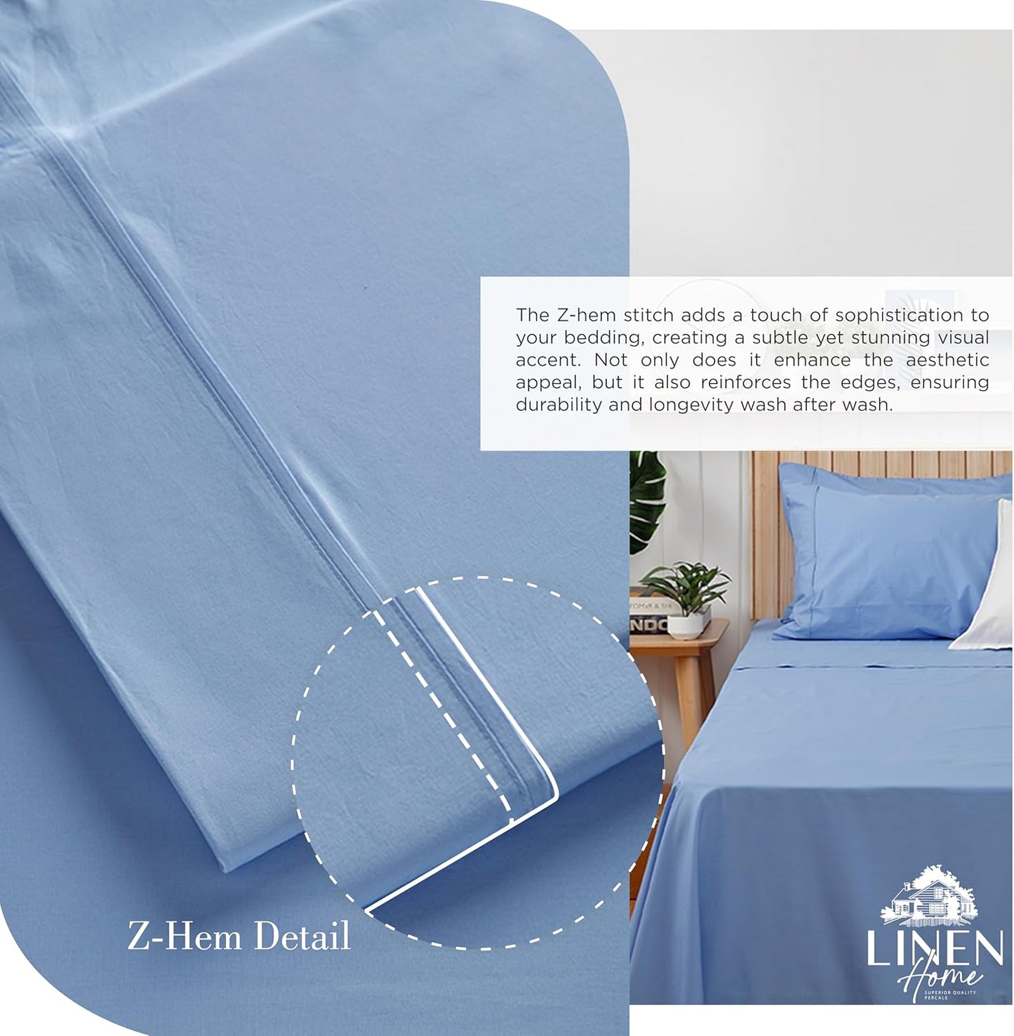Linen Home 100% Cotton Percale Sheets Full Size, Baby Blue, Deep Pocket, 4 Pieces Set - 1 Flat, 1 Deep Pocket Fitted Sheet and 2 Pillowcases, Crisp Cool and Strong Bed Linen
