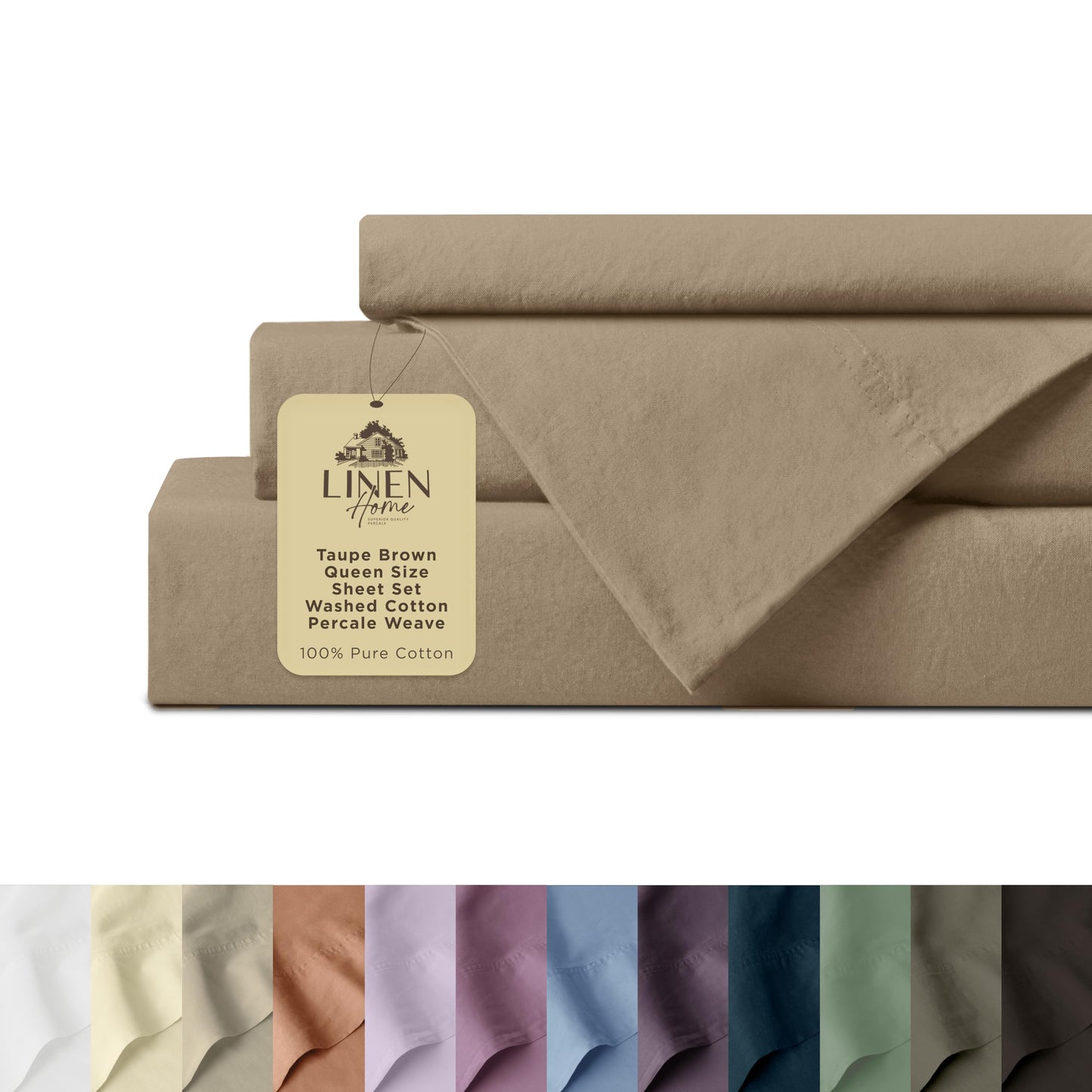 Linen Home Washed Cotton Percale Twin Sheet Set, Charcoal, Preshrunk, 3 Pieces Sets - 1 Flat, 1 Deep Pocket Fitted Sheet & 1 Envelope Closure Pillowcase, Soft, Cool and Comfortable Bed Linen