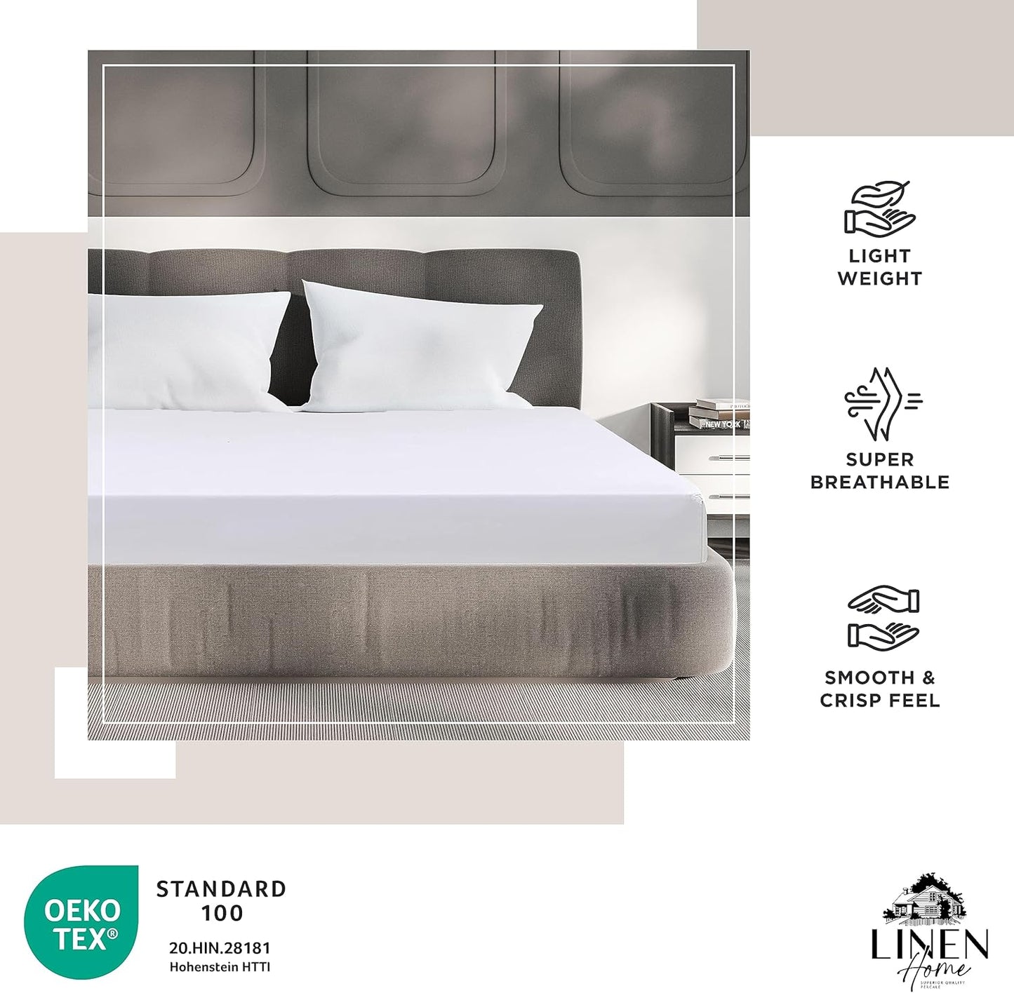 Linen Home 100% Cotton Percale Fitted Sheet Set King Size, Ivory, Deep Pocket, 3 Piece - 1 Deep Pocket Fitted Sheet and 2 Pillowcases, Crisp Cool and Strong Bed Linen