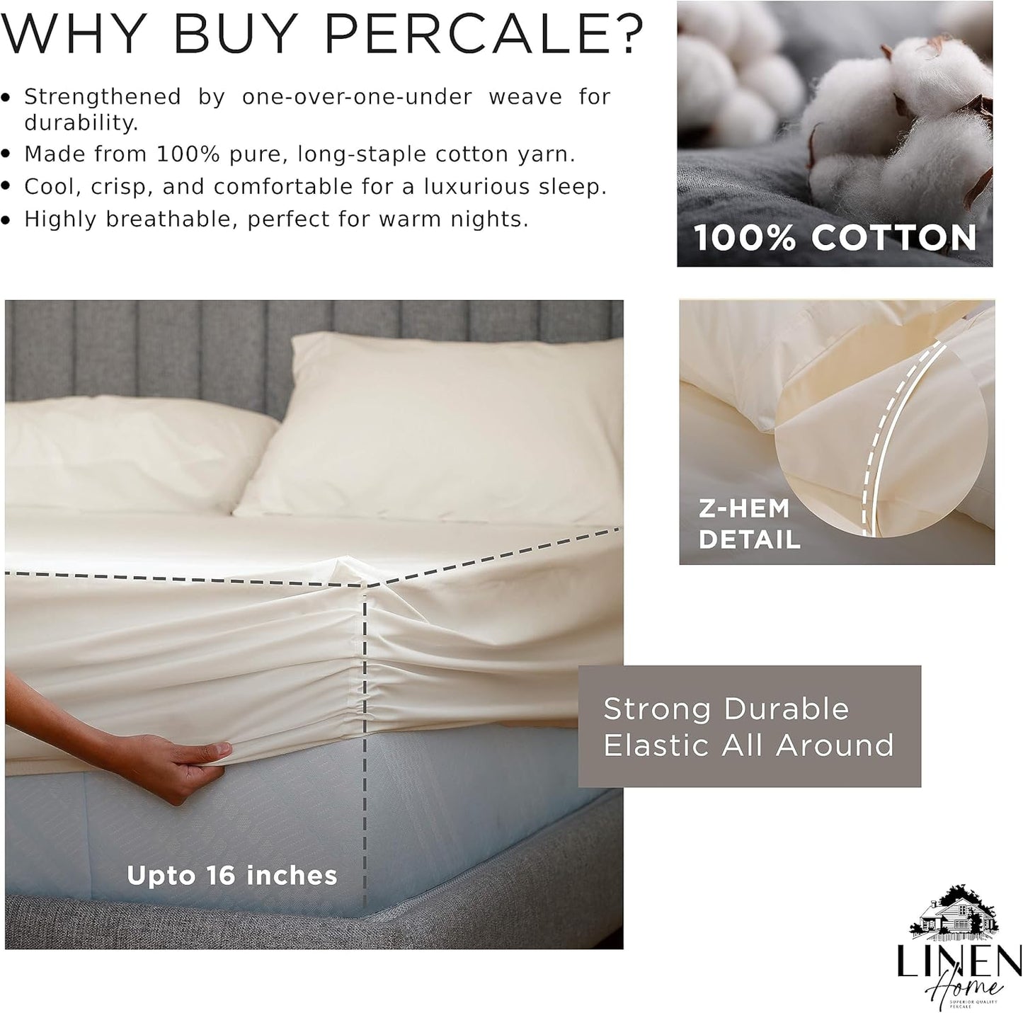 Linen Home 100% Cotton Percale Fitted Sheet Set King Size, Ivory, Deep Pocket, 3 Piece - 1 Deep Pocket Fitted Sheet and 2 Pillowcases, Crisp Cool and Strong Bed Linen