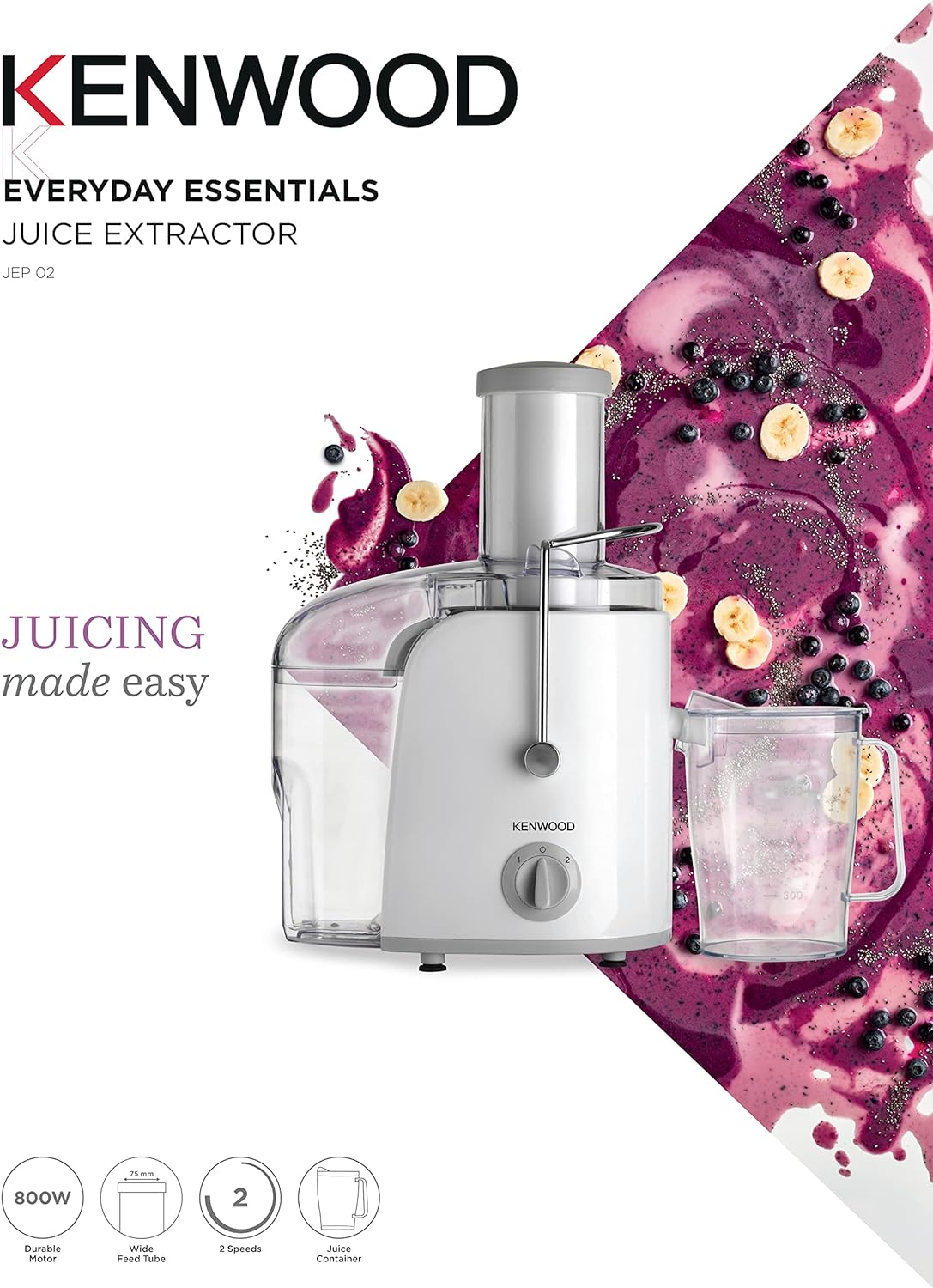 KENWOOD Juicer 800W Juice Extractor with 75mm Wide Feed Tube, 2 Speed, Transparent Juice Jug, Pulp Container, Anti Drip for Home, Office, Restaurant & Cafeteria JEP02.A0WH White