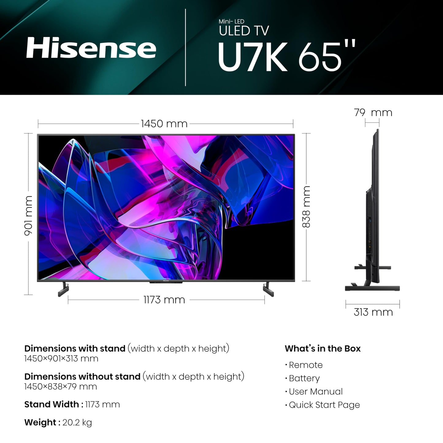 Hisense 65-Inch U7 Series Mini-LED ULED 4K UHD Smart TV (65U7K, 2024 Model) - QLED, Native 144Hz, 1000-Nit, Dolby Vision IQ, Full Array Local Dimming, Game Mode Pro, Alexa Compatibility