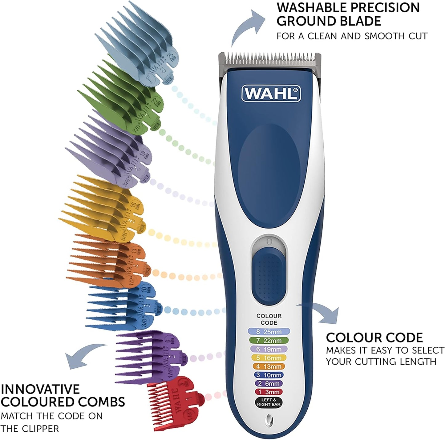 Wahl Colour Pro Cordless Clipper Kit, Soft Hairbrush Neck Duster, 12 Colour Coded Guide Combs, Hair Clippers for Men, Head Shaver, Men's Hair Clippers, Easy Home Haircutting, Family Haircuts