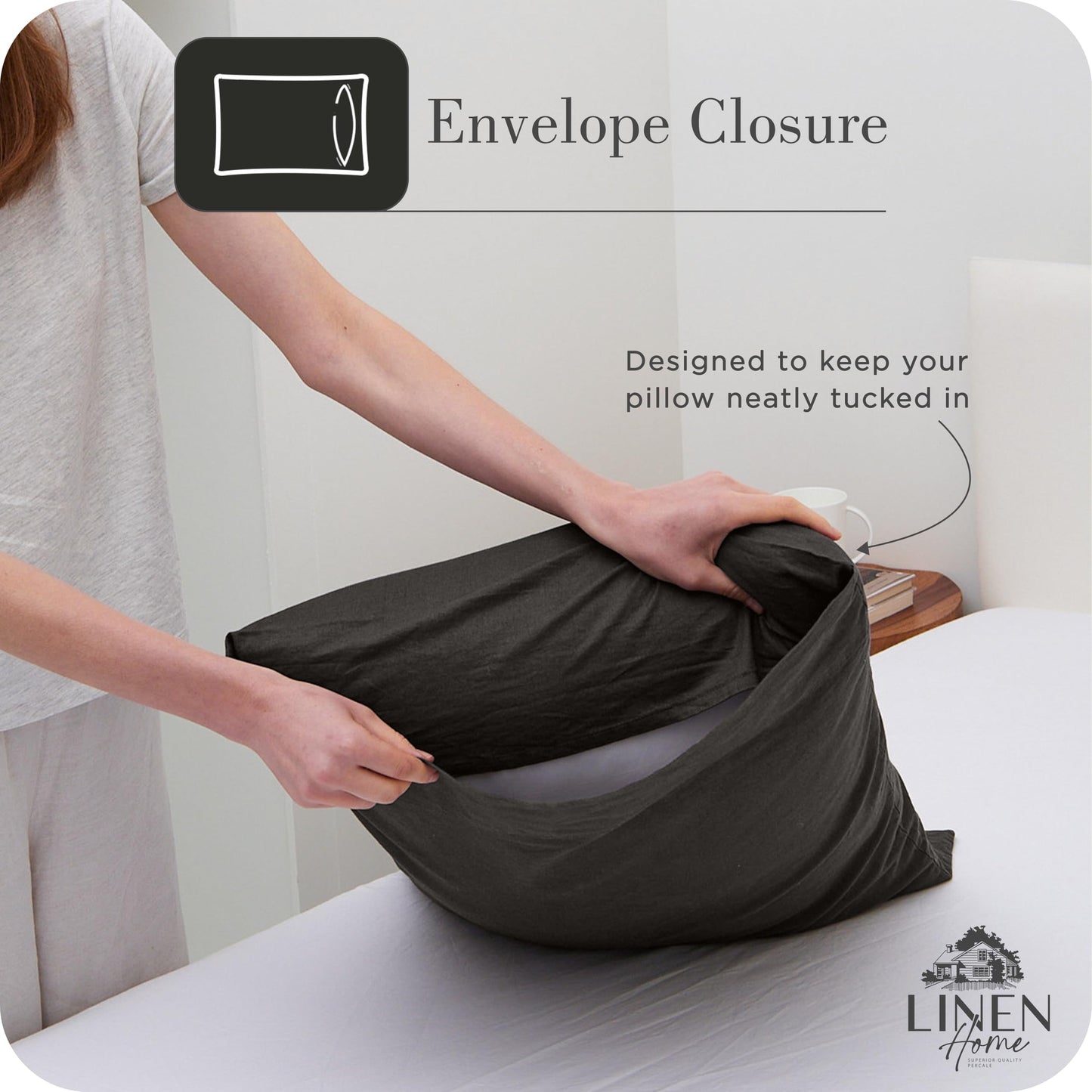 Linen Home Washed Cotton Percale Twin Sheet Set, Charcoal, Preshrunk, 3 Pieces Sets - 1 Flat, 1 Deep Pocket Fitted Sheet & 1 Envelope Closure Pillowcase, Soft, Cool and Comfortable Bed Linen