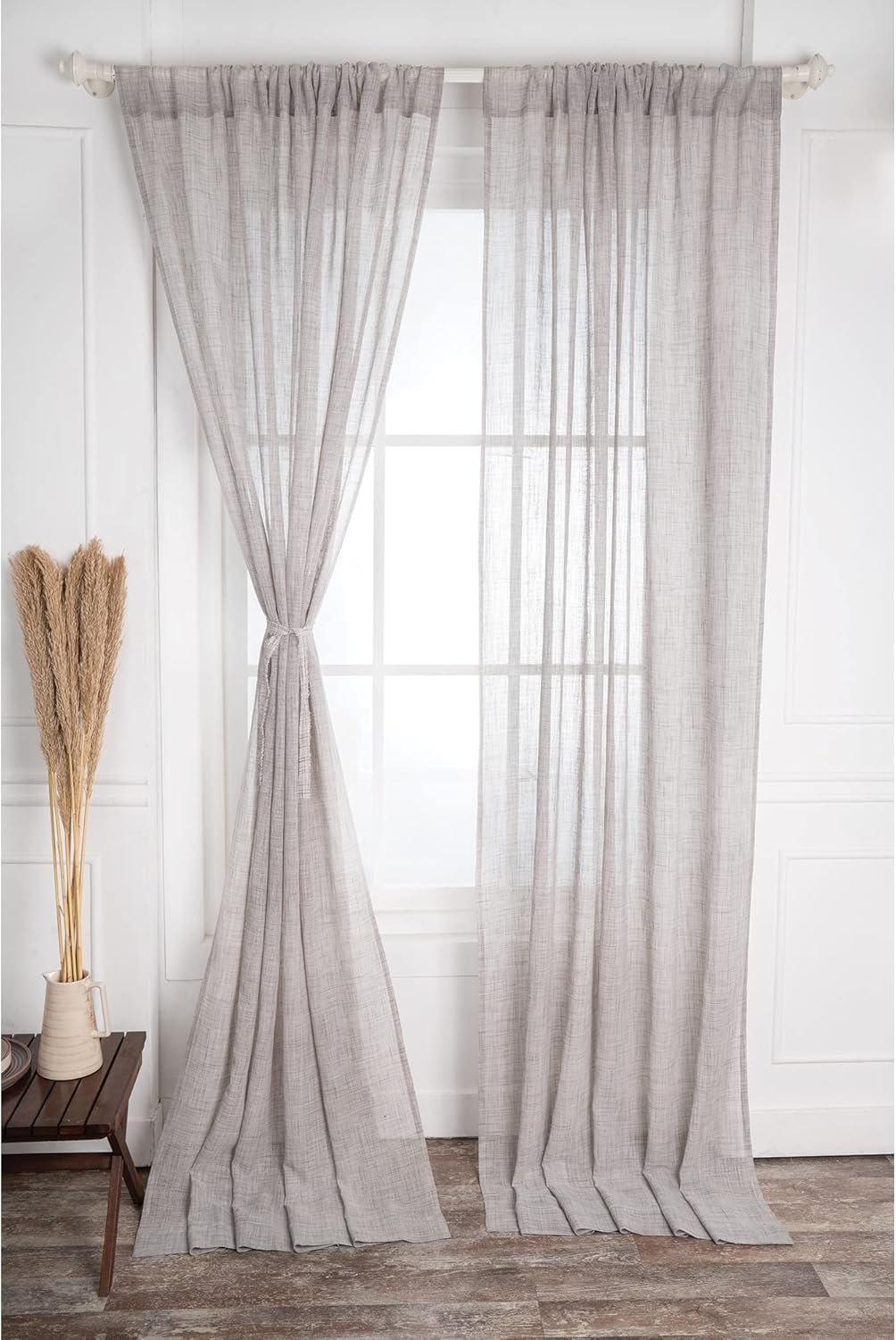 D'Moksha Homes White and Grey Faux Linen Curtains 63 Inches Long - 52 x 63 Inch 2 Panels Light Filtering Rod Pocket Sheer Curtains - Recycled Fabric Faux Jute - Window Treatment for Living Room