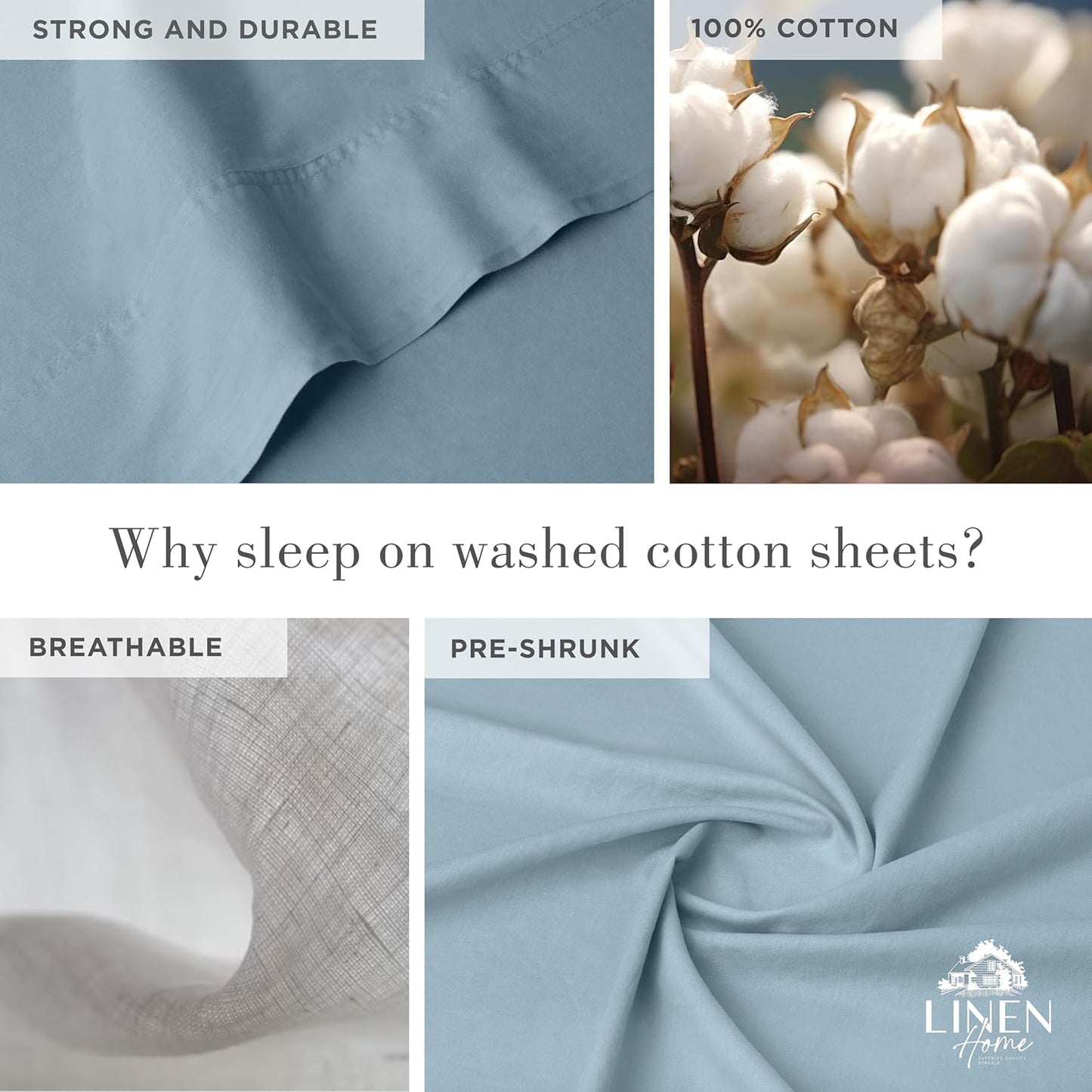 Linen Home Washed Cotton Percale Queen Sheet Set, Baby Blue, Preshrunk, 4 Pieces Sets - 1 Flat, 1 Deep Pocket Fitted Sheet & 2 Envelope Closure Pillowcases, Soft, Cool and Comfortable Bed Linen