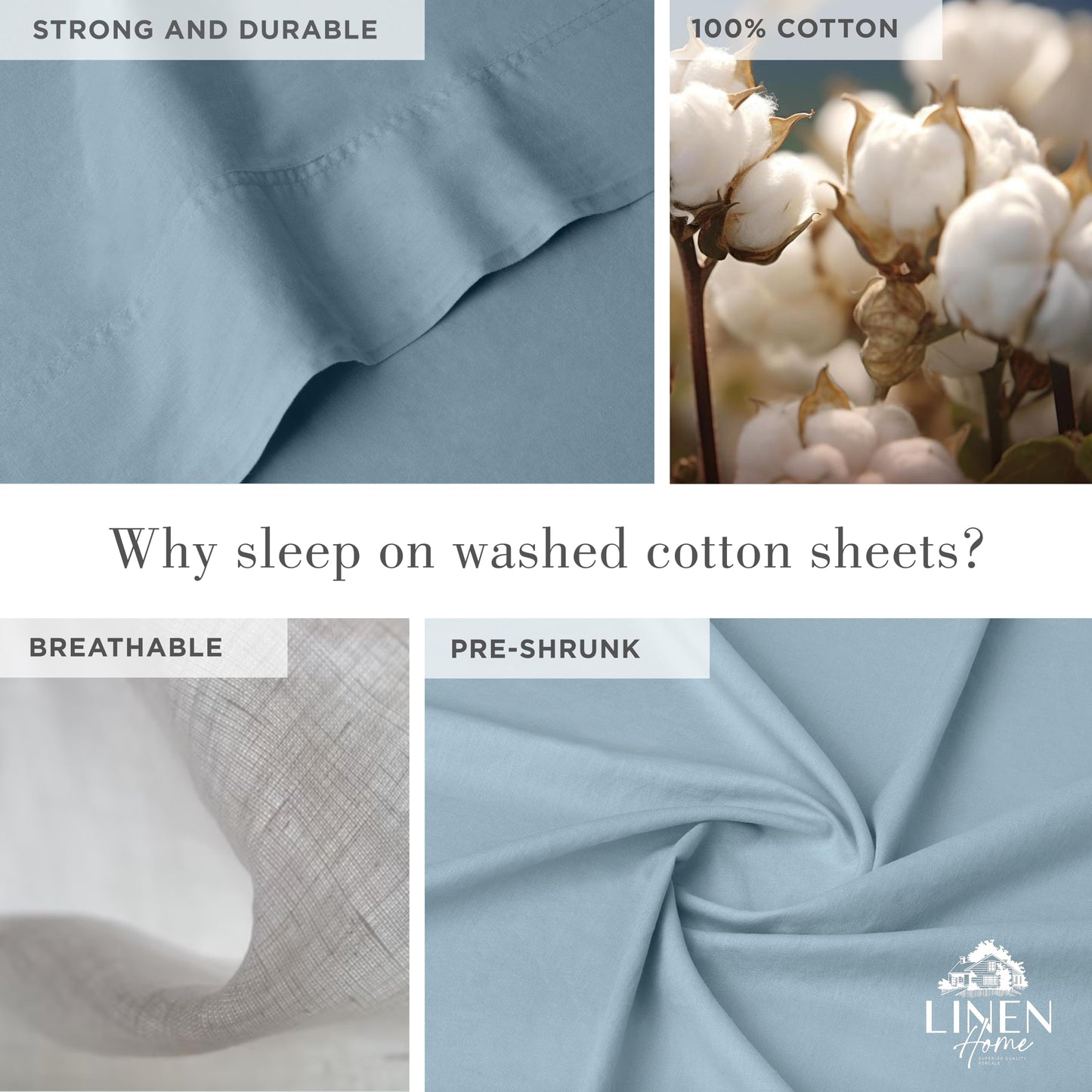 Linen Home Washed Cotton Percale Full Sheet Set, Baby Blue, Preshrunk, 4 Pieces Sets - 1 Flat, 1 Deep Pocket Fitted Sheet & 2 Envelope Closure Pillowcases, Soft, Cool and Comfortable Bed Linen
