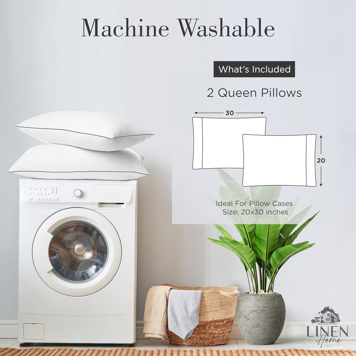 Linen Home Down Alternative Pillows with Grey Piping, Queen Size Pillows Set of 2, Bed Pillows for Side and Back Sleepers, Cooling Pillows for Sleeping, Ideal for Pillowcases Size - 19 X 26 inches