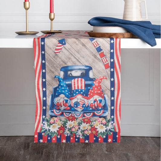 D'Moksha Homes 4th of July Table Runner 90 inches Long - Farmtruck Gnomes, Faux Linen, Fourth of July Table Runner 13 x 90 Inch, Gnomes Table Runner, Patriotic Table Runner for Home Party Decoration