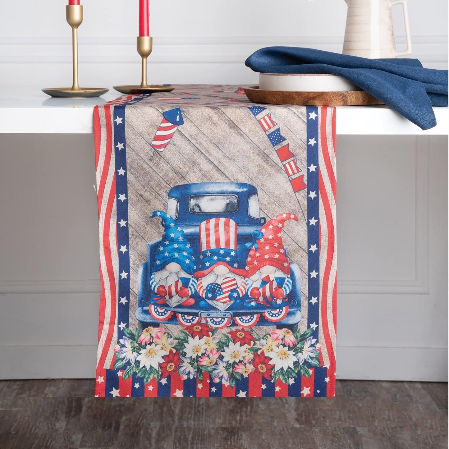 D'Moksha Homes 4th of July Table Runner 48 inches Long - Farmtruck Gnomes, Faux Linen, Fourth of July Table Runner 13 x 48 Inch, Gnomes Table Runner, Patriotic Table Runner for Home Party Decoration