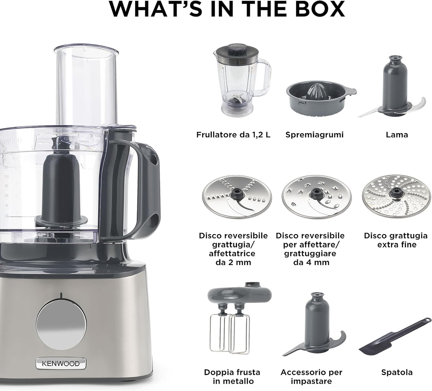 Kenwood Food Processor 1000W Multi-Functional With 3 Stainless Steel Disks, Glass Blender, Chopper Bowl, Grinder Mill, Juicer Extractror, Dual Metal Whisk, Dough Maker, Citrus Juicer Fdm788Ba Silver