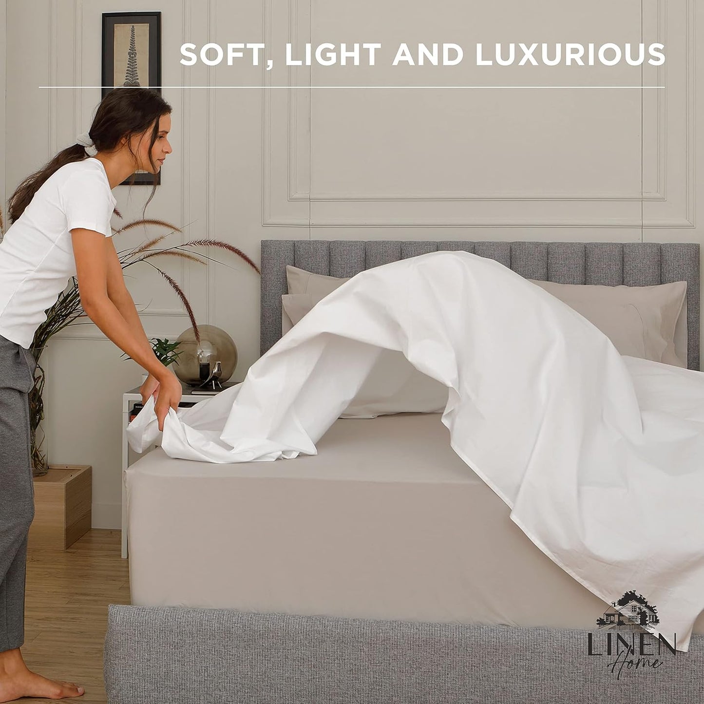 Linen Home 100% Cotton Percale Weave Fitted Sheet, King Size, White, 1 Deep Pocket Fitted Sheet, Fits Mattress Upto 16" Crisp and Cool Strong Bed Linen, 78"X80"+15"