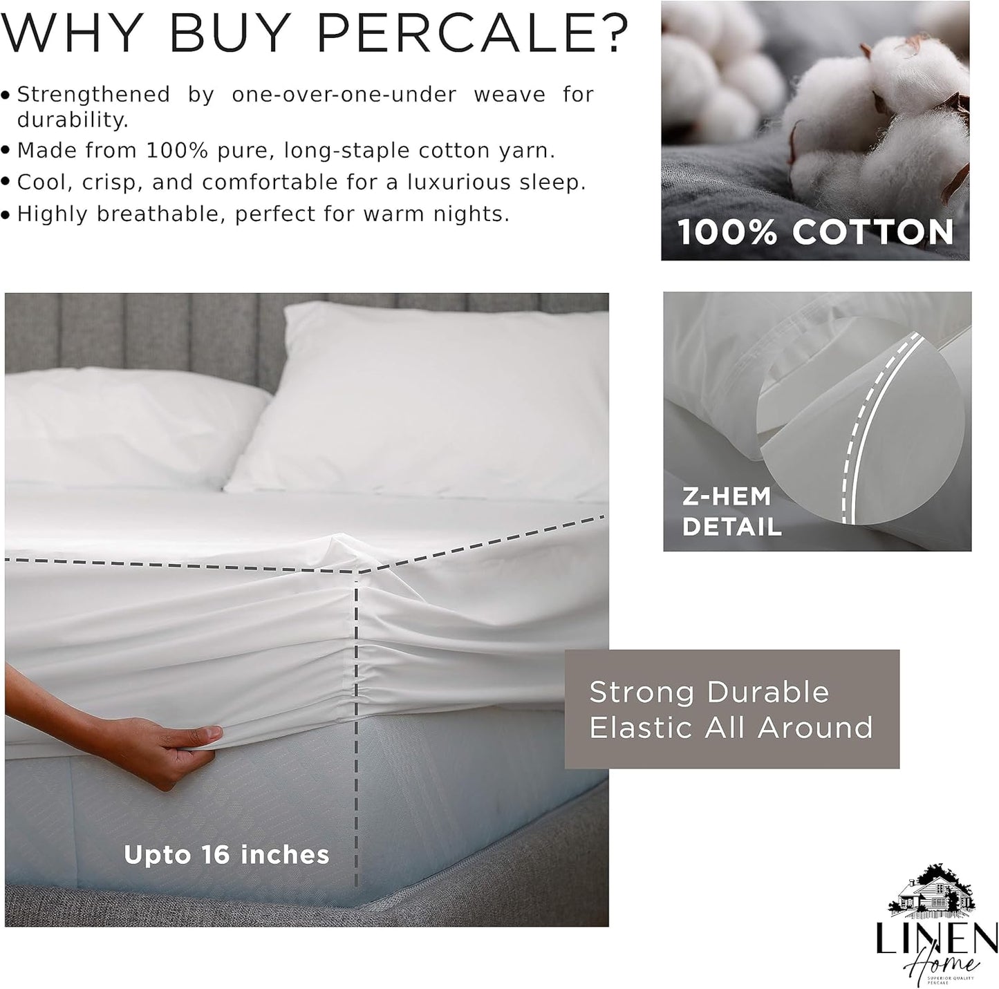 Linen Home 100% Cotton Percale Fitted Sheet Set King Size, Ivory, Deep Pocket, 3 Piece - 1 Deep Pocket Fitted Sheet and 2 Pillowcases, Crisp Cool and Strong Bed Linen