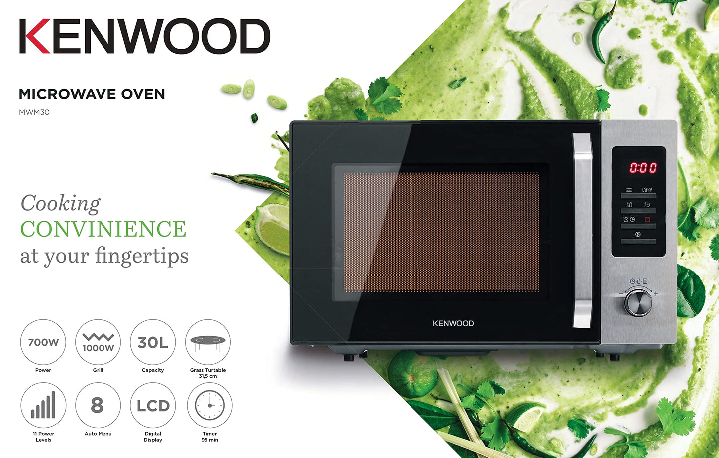 KENWOOD 30L Microwave Oven with Grill, Convection, Digital Display, 5 Power Levels, Defrost Function, Stainless Steel, Auto Menu, 95 Minutes Timer, Clock Function 900W MWM31.000BK Black/Silver
